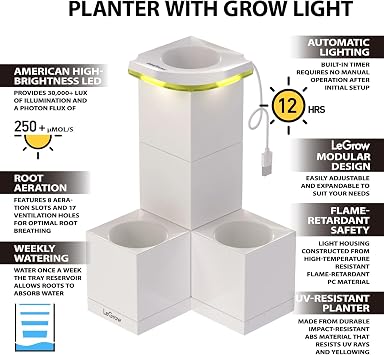 LeGrow Indoor Planter with LED Grow Light, Automatic 12 Hours Timer, 7 Days Watering-Free, 2 Self Watering Pots for Small Plants, Home Decor & Office Desktop, White