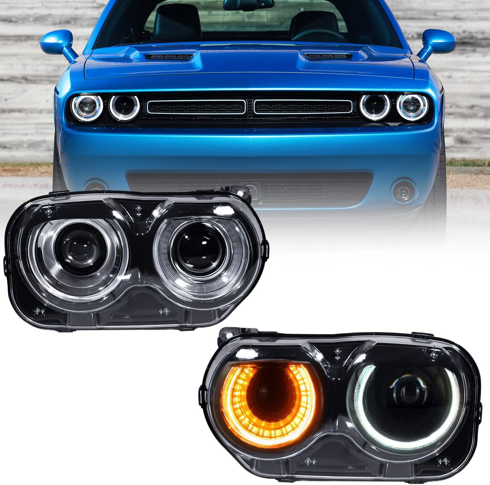 FIONE - For Dodge Challenger Headlight Assembly 2015 2016 2017 2018 2019 2020 2021 Black Housing Halogen Headlamps Replaceable Left Driver & Right Passenger Side Headlights 68174065AF 68174064AF