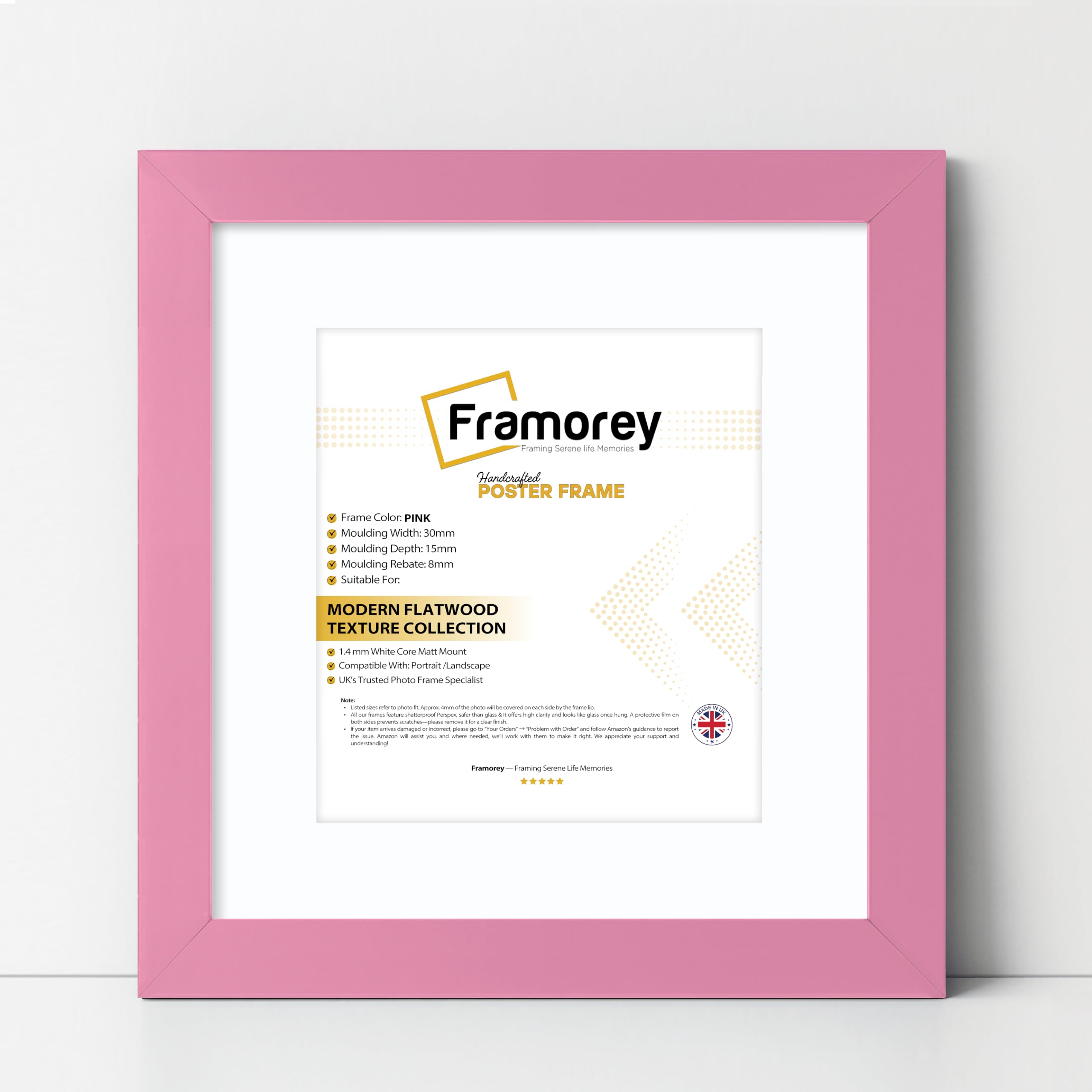 Framorey Framing Serene Life Memories Pink With White Mount Framorey Square Oxford Flat Wooden Effect Picture Frame, 24X24" Size Pink Photo Frame With 20X20" Size White Mount, Photo Print Frame, Best Photo Frames For Birthday Gift