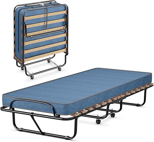 Miniatura 19 de HAPPYGRILL Cama enrollable, cama plegable con colchón de espuma viscoelástica de 5 pulgadas, marco de acero resistente, 4 ruedas universales, cama