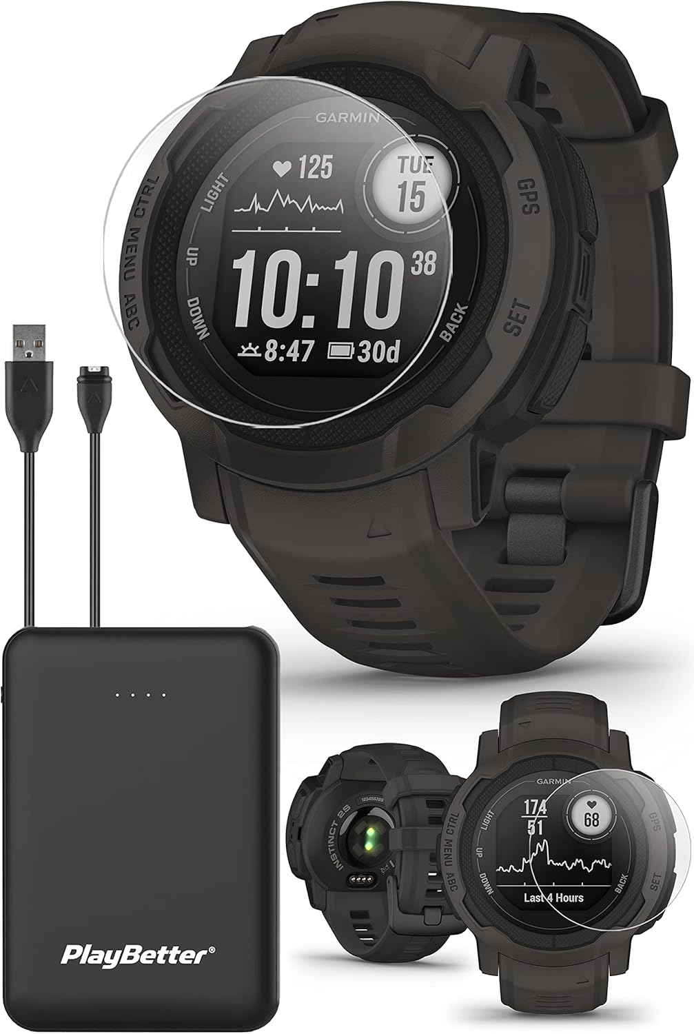 PlayBetter Garmin Instinct 2S (Graphite) Rugged GPS Smartwatch Bundle - 24/7 Health Monitoring, Tough & Durable, Sports Apps - includes Screen Protectors & Portable Charger