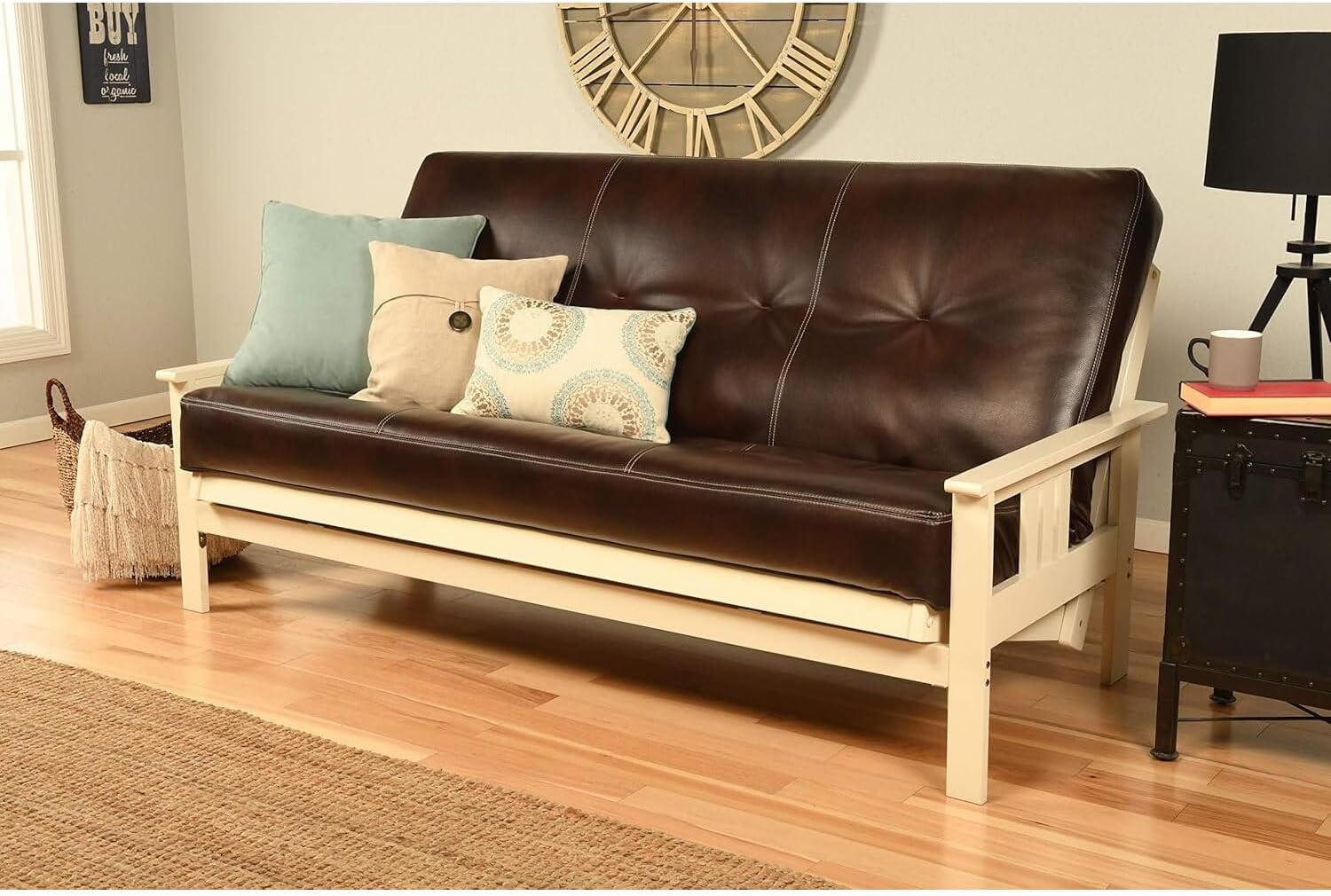 HomeStock Full Size Futon Frame with Mattress - Convertible Sofa Bed - Antique White Oregon Trail Java/Without Storage Drawers