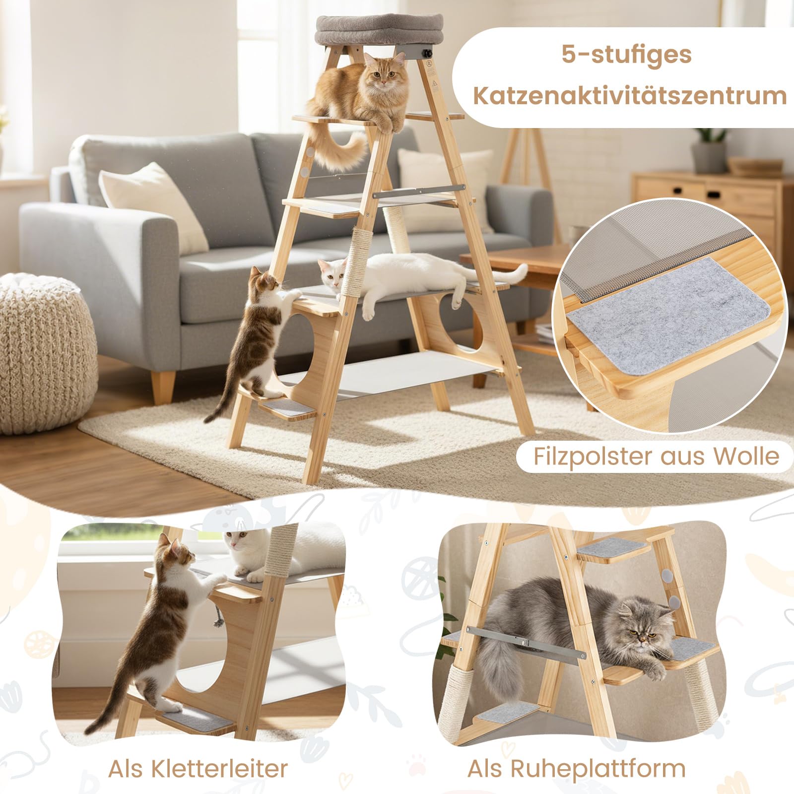 COSTWAY Kratzbaum und Leiter, 5-stöckiger Katzenbaum mit Sisal-Kratzpfosten & gepolstertem Liegeplatz, Ladder Kletterturm faltbar, aus massivem Kiefernholz, Katzenkratzbaum groß, 151 cm hoch, Natur
