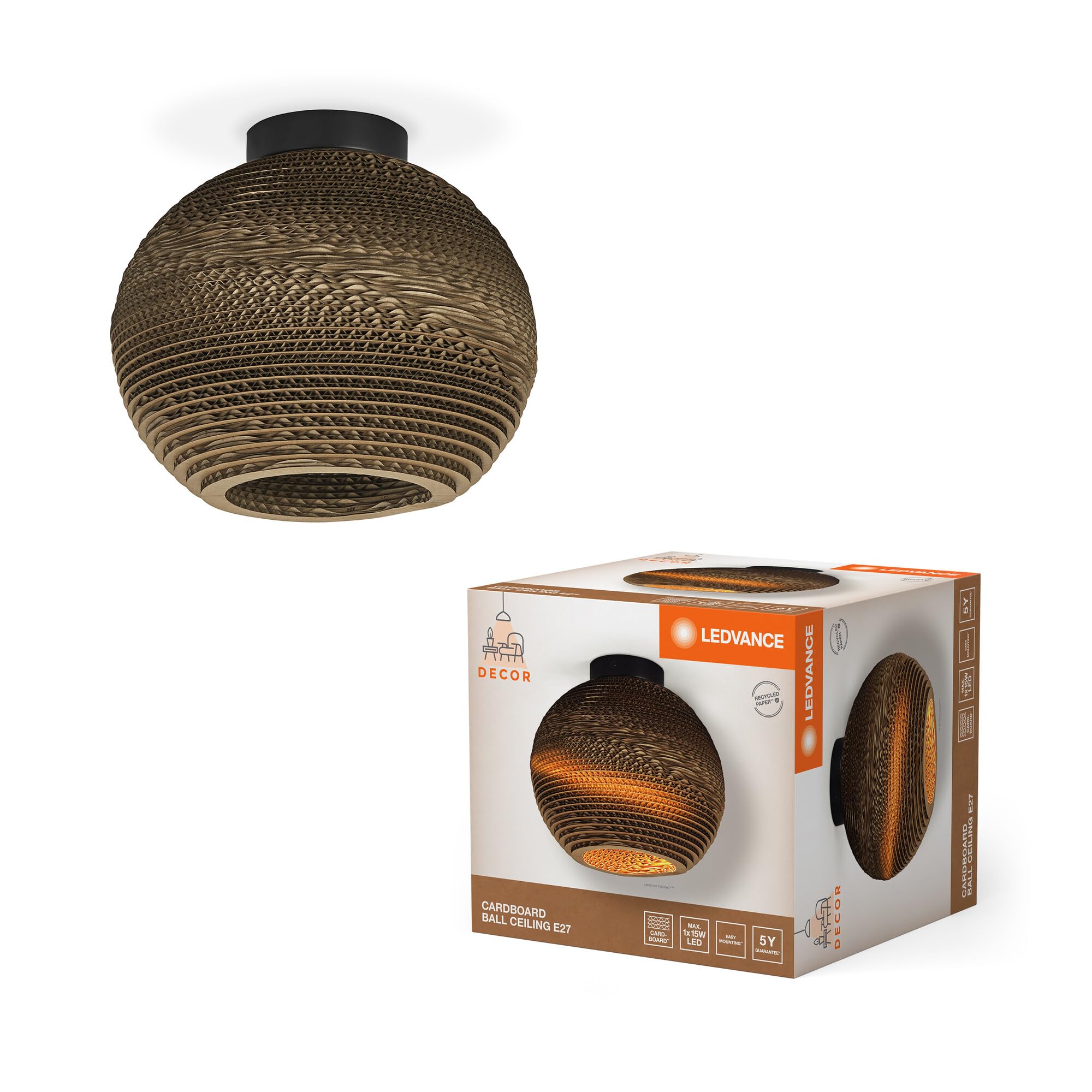 LEDVANCE Decor Cardboard Ball marrón de cartón ondulado, ligera, E27, 260