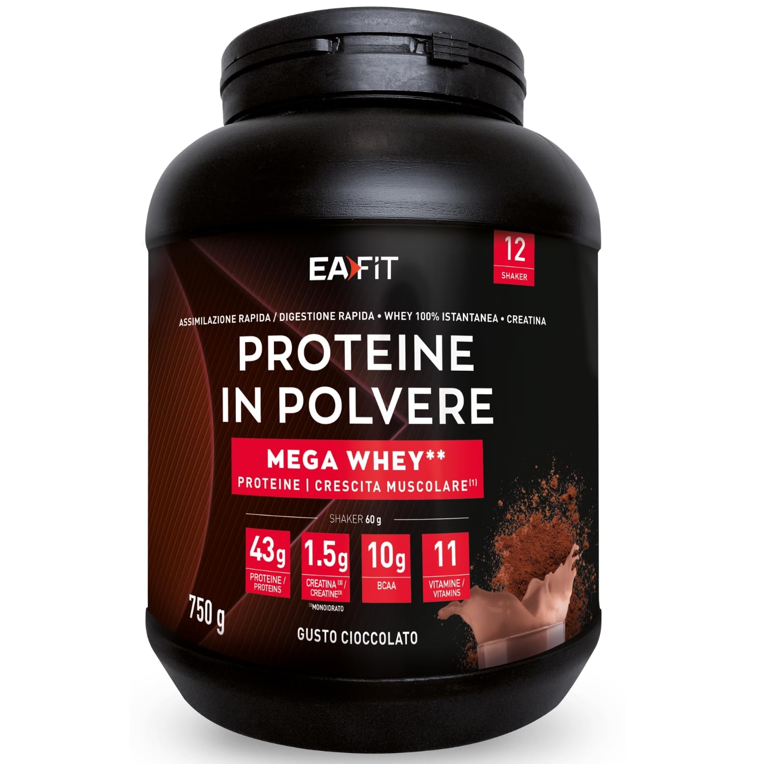 Proteine Whey Mega Whey EAFIT 750g, 100% Proteine in Polvere del Siero del Latte Istantaneo, Cioccolato, BCAA, Creatina, Aminoacidi Enzimi Digestivi, Massa Muscolare, Assorbimento Rapido, Whey Protein | 43 g proteine per shaker, creatina monoidrato 1,5 g,