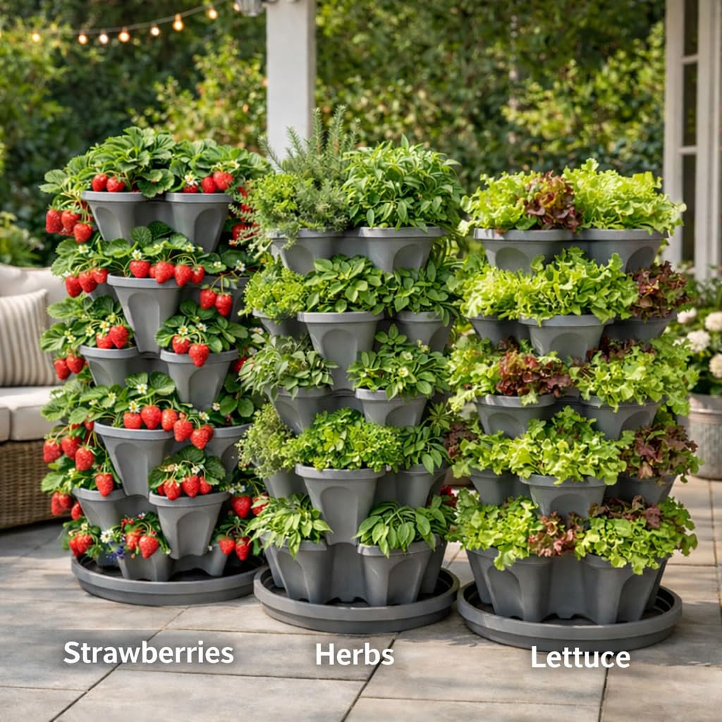 5-stöckiger stapelbarer Erdbeergarten,24 Quart Indoor/Outdoor Stapelbarer Übertopf mit Untersetzer, Erdbeeren und Blumen aus der Küche oder dem Hinterhof,Pflanzen und Stapeln! Einfache Gartenarbeit