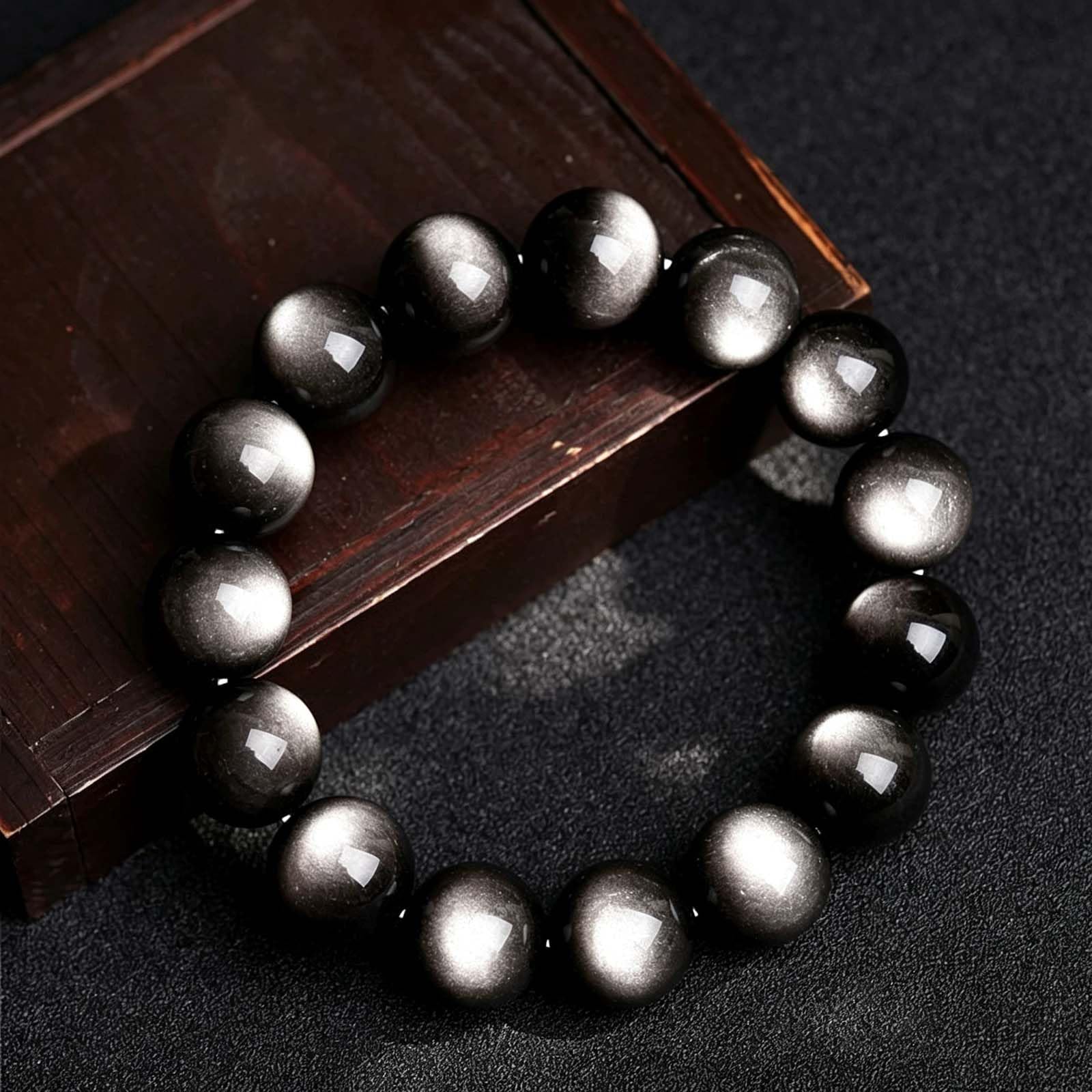 Bracciale con Perline di Ossidiana con lucentezza d'Argento
