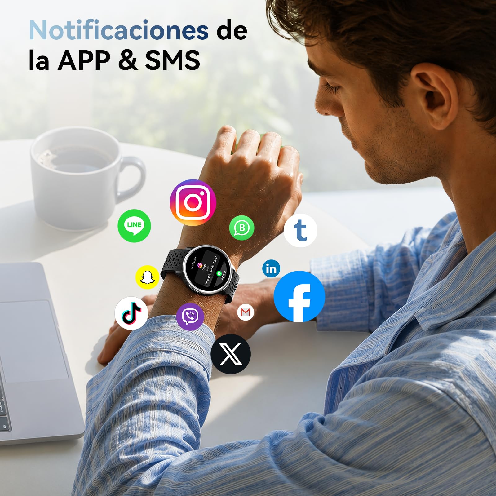 Reloj Inteligente Hombre 1.27" Smartwatch Mujer Redondo 2 Correas, Monitor de Sueño Funciones de Salud y Fitness 120+ Modos Deportivos 3ATM Impermeable para iPhone/Samsung/Android Nnegro