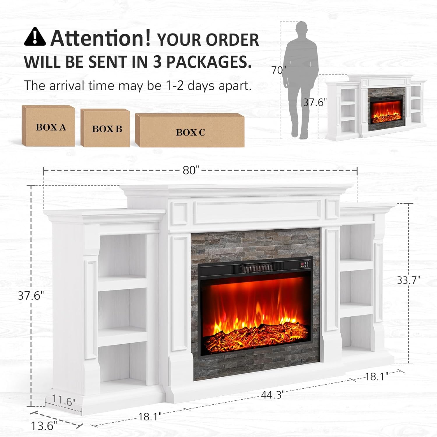 Naice 80" Electric Fireplace with Mantel, Fireplace TV Stand for TVs Up to 90", Modern Entertainment Center, Realistic Stacked Stone Surround 30" 3D Realistic Flame Heater, Ideal for Living Room
