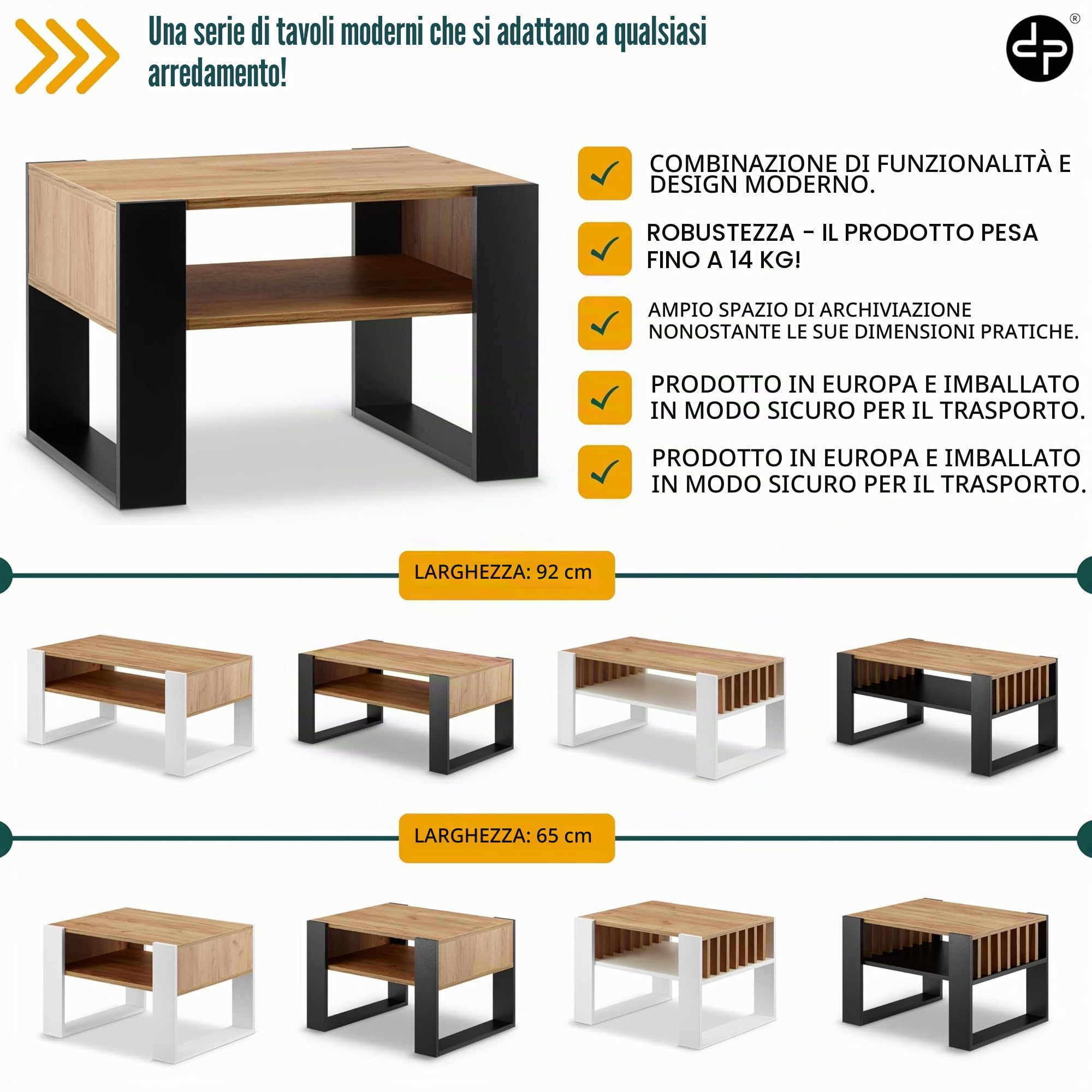 defiPad Tavolino da salotto con spazio di archiviazione, moderno tavolo da soggiorno in rovere | 65 cm di larghezza | tavolo da caffè massiccio e stabile | tavolino da caffè (Nero + Rovere)