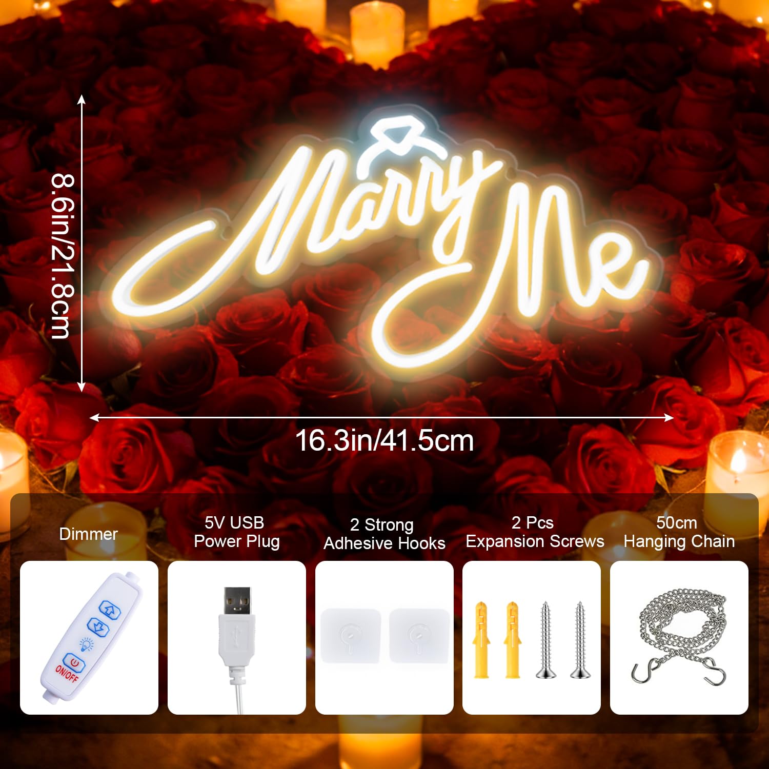 Neonschild mit Aufschrift "Marry Me", LED-Neonschild, Wanddekoration für Verlobungsantrag, Hochzeitszeremonie, Hintergrund, Dekoration, 40,6 x 22,9 cm, USB-betrieben, 10 warme Helligkeit
