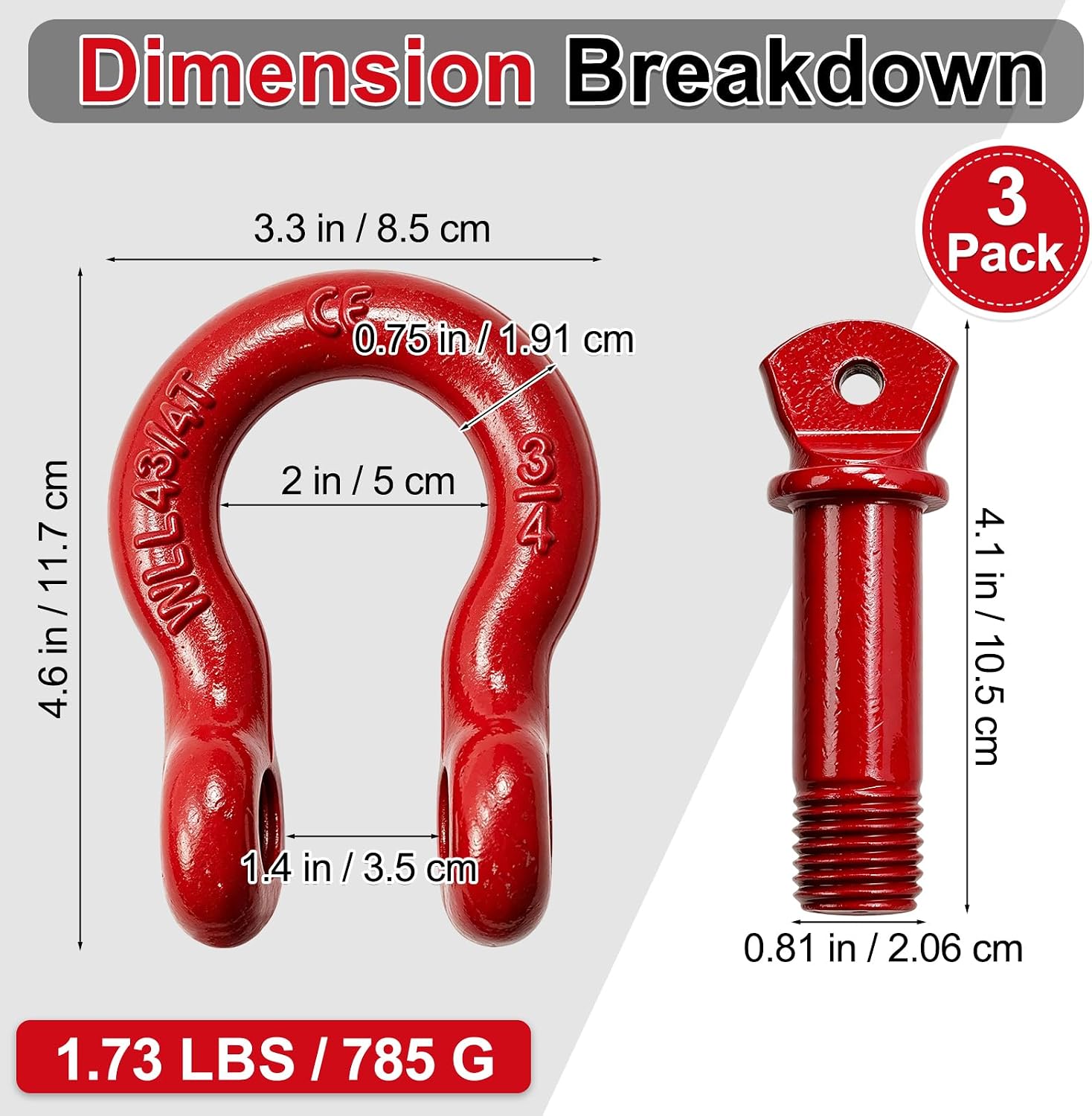 3 Pack D Ring Shackles, 3/4" Rugged Sturdy Heavy Duty Tow Shackle