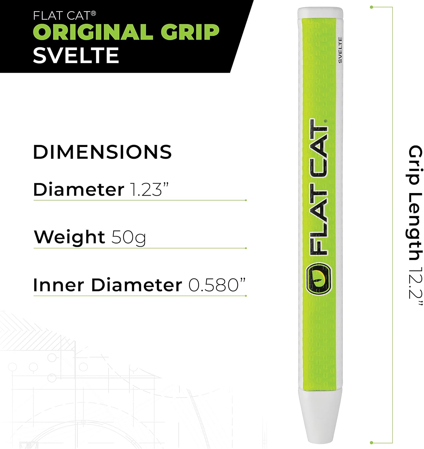 FLAT CAT Original Svelte Golf Putter Grips – 1.68" H x 1.26" W x 12.2" L, 1.23” Diameter, Lightweight 50g – Improve Putting Consistency and Accuracy