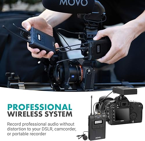 Miniatura 3 de Movo WMIC80 UHF Sistema de micrófono Lavalier inalámbrico expandible con micrófono Lavalier y transmisor bodypack, receptor portátil y soporte de
