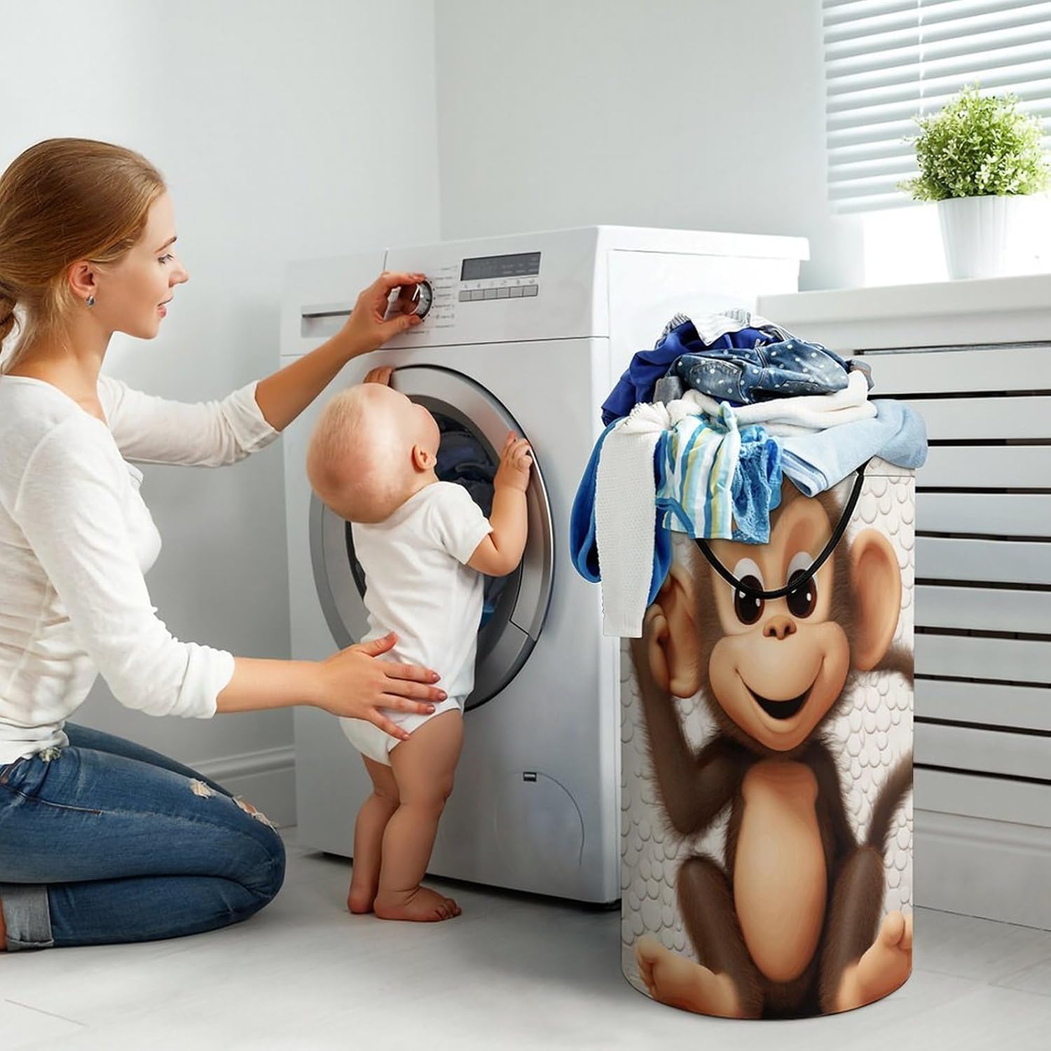 Cute Monkey Laundry Hamper with Handles Waterproof Collapsible Laundry Basket Large Lightweight Round Dirty Clothes Hamper for Home Dorm Bathroom Decor