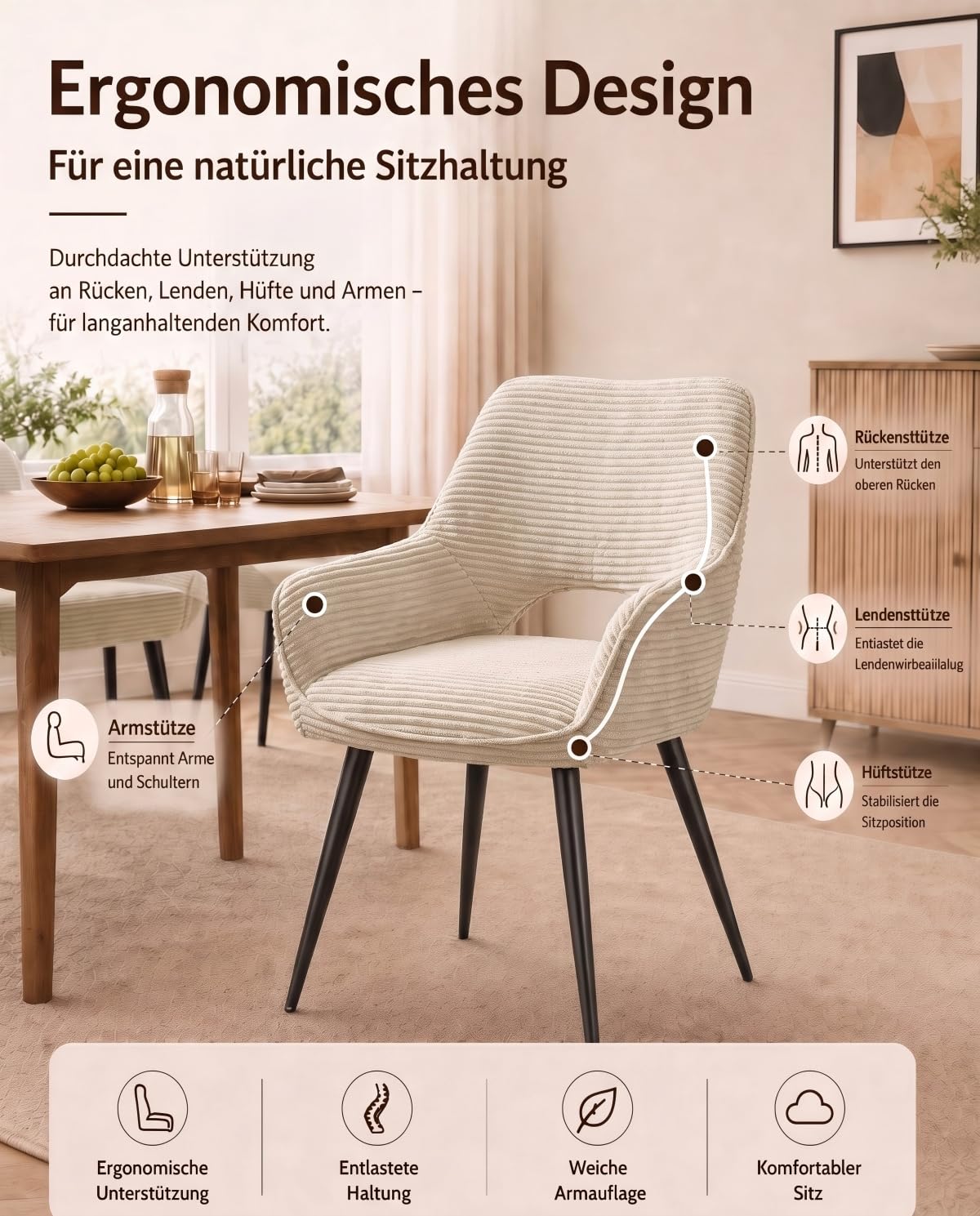 JIJIAN Cord Esszimmerstühle 6er Set mit Armlehnen, Beige
