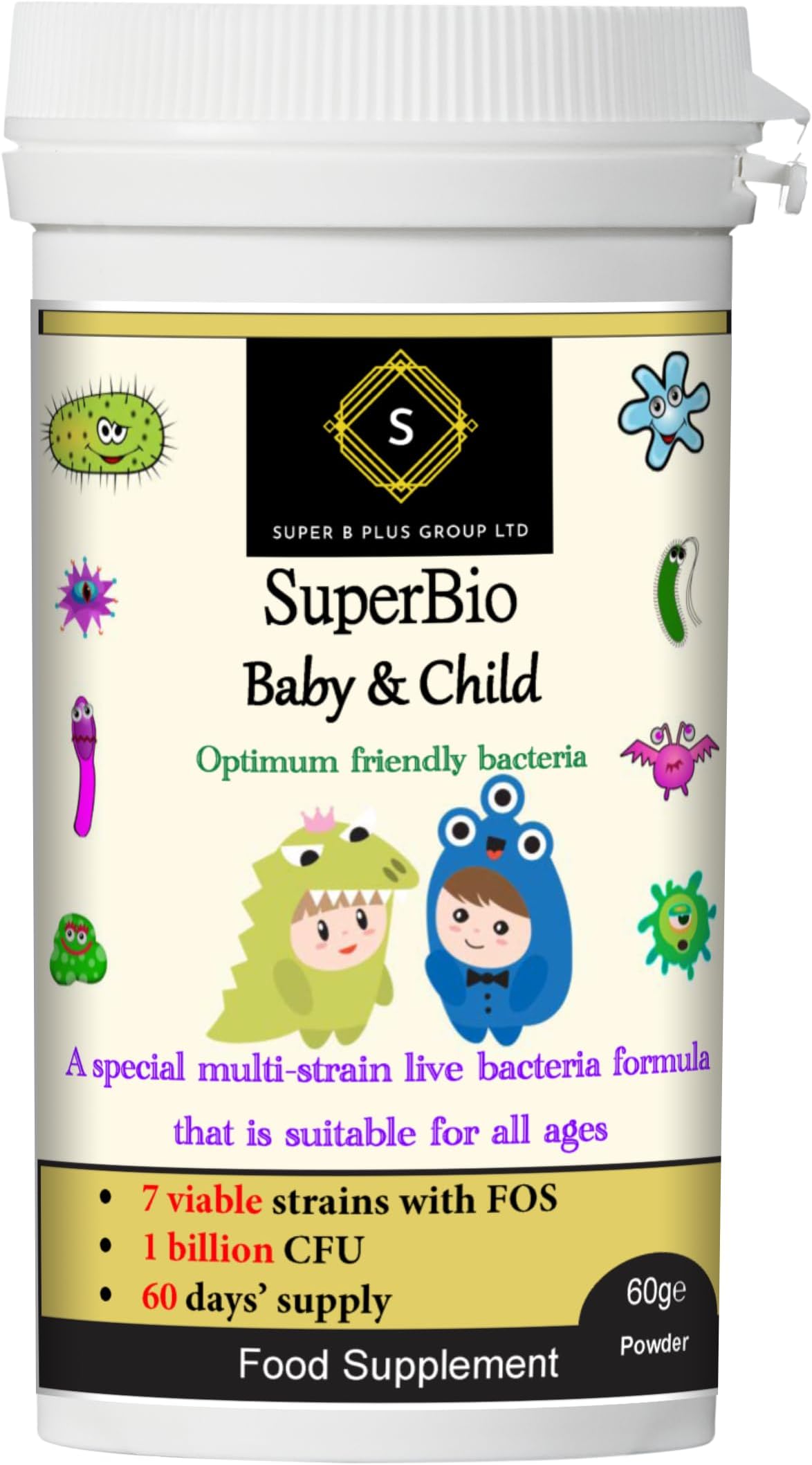 SuperBio Baby & Child Probiotic Powder, 1 Billion CFU, 7 Strains, 60g - Digestive & Immune Support