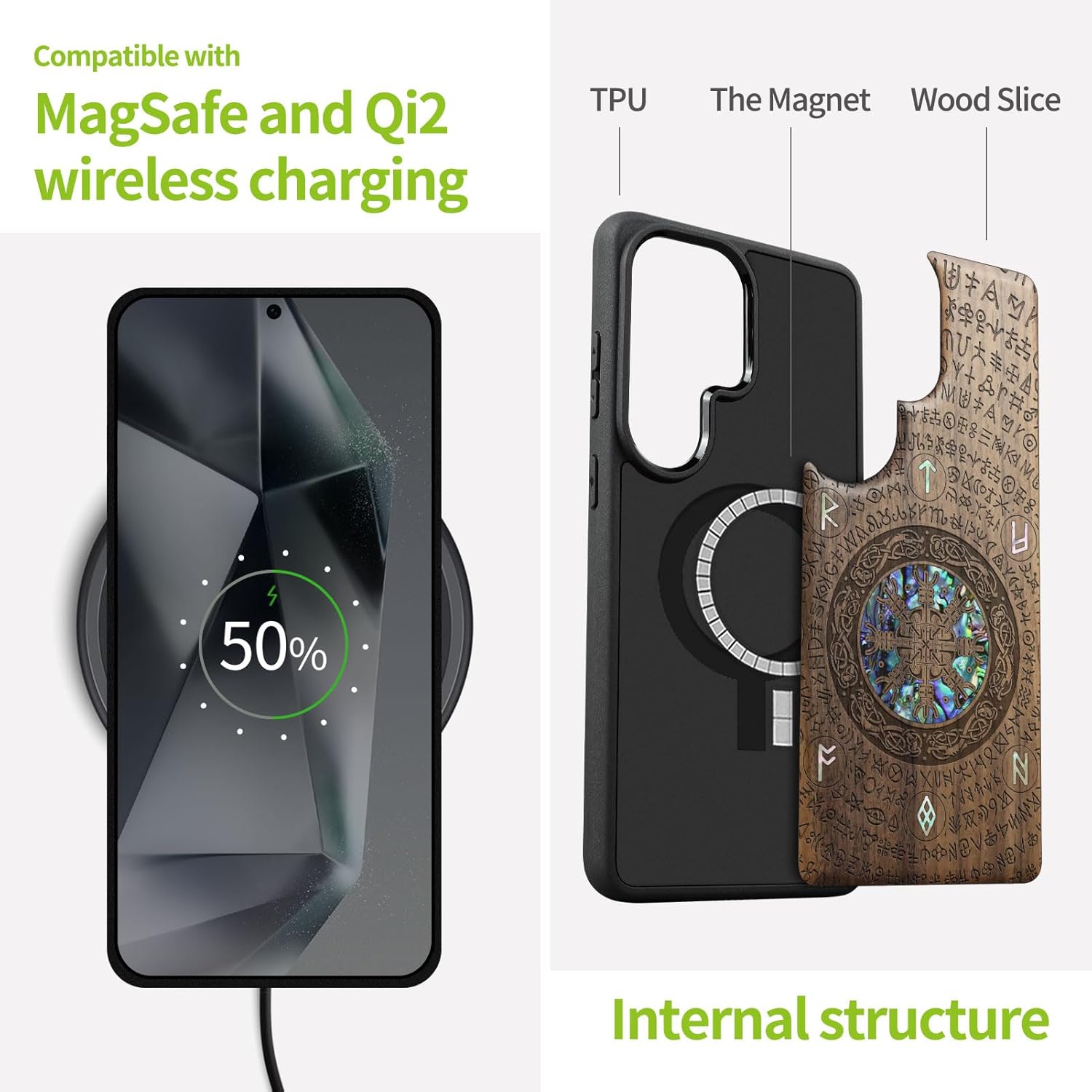 Carveit Magnetic Wooden Case for Samsung Galaxy S26 Ultra Case, Wood Artisan Engraved & Handmade Shell Inlaid, Compatible with MagSafe Wireless Chargers (Viking) Walnut