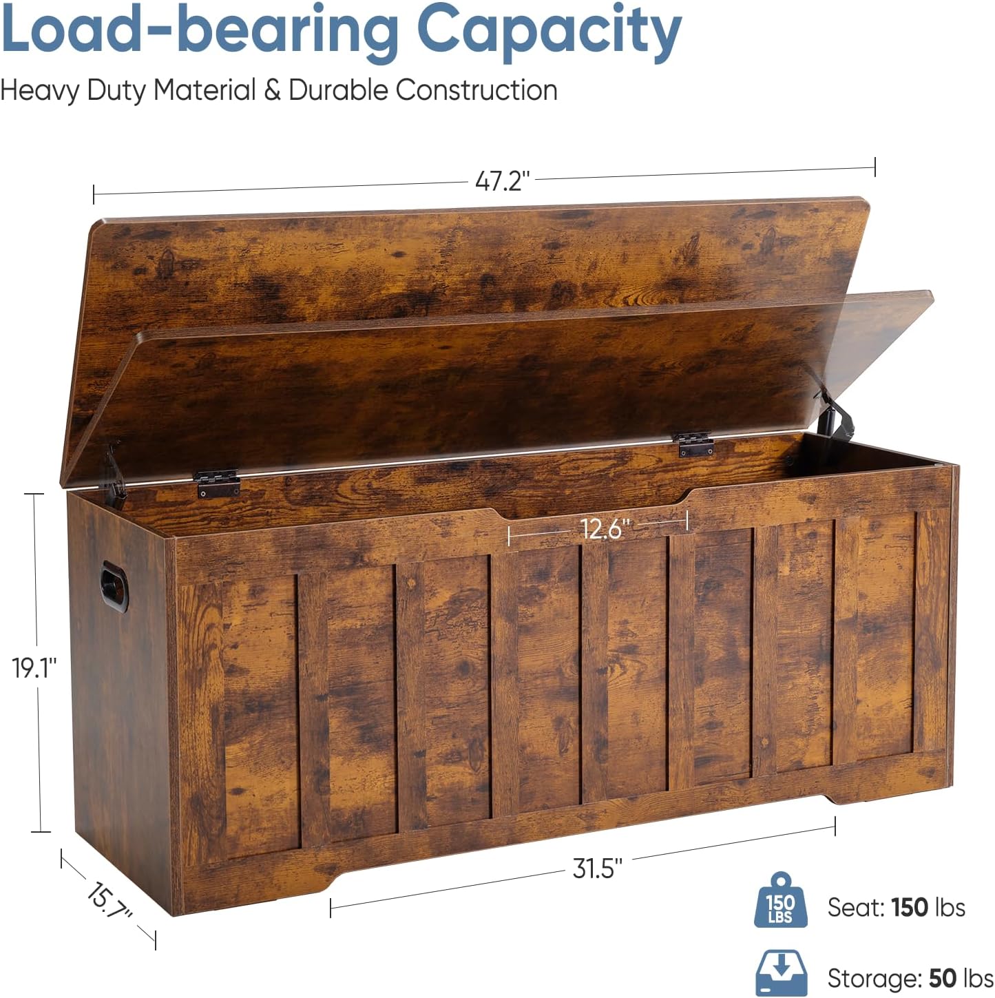 DUMOS 47.2" Extra Large Storage Bench with 2 Safety Gel-Buffered Hinges, Blanket Chest for Bedroom Living Room, Support 150lbs, 2 U-Shaped Cut-Out Pull, Non-Slip Base, Rustic Wood