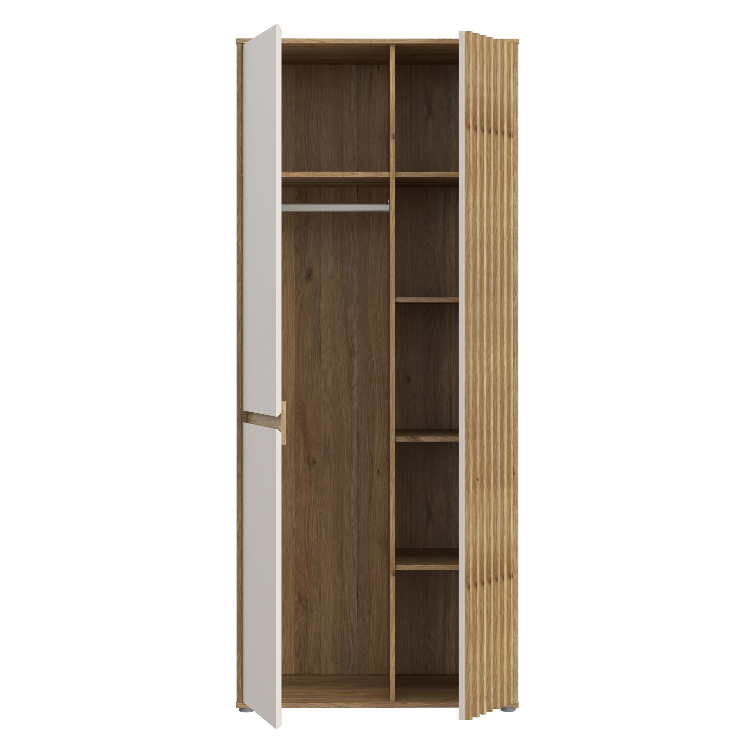 Forte ELISTON Kleiderschrank 80 90, moderner Kleiderschrank mit Lamellendesign, 2-türig, Holzwerkstoff, Schlafzimmer, Mauvella Eiche Holzdekor|Kashmir Beige, 84 cm breit x 200,1 cm hoch x 54 cm tief