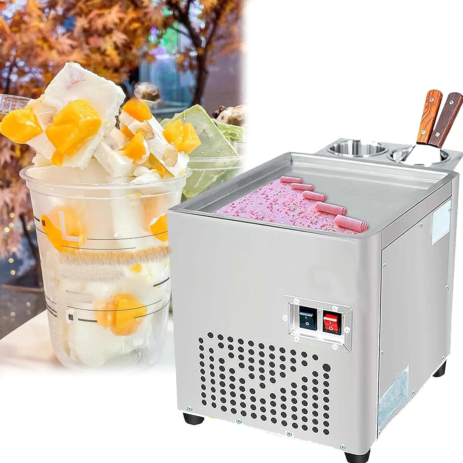 Máquina Comercial Para Helado Enrollado, Máquina Para Helado Enrollado Frito, Placa Única, Acero Inoxidable, Automática, Refrigeración Eficiente, Bajo Nivel De Ruido, Controles Fáciles De Usar