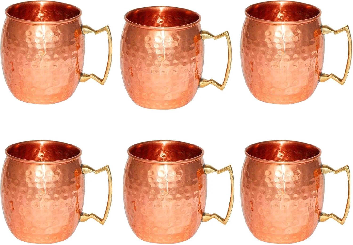 HRS India Pure Copper Moscow Mule Mug Brass Handle Hammered Drinking Cup, 16.9 oz (500ML), Set Of 6