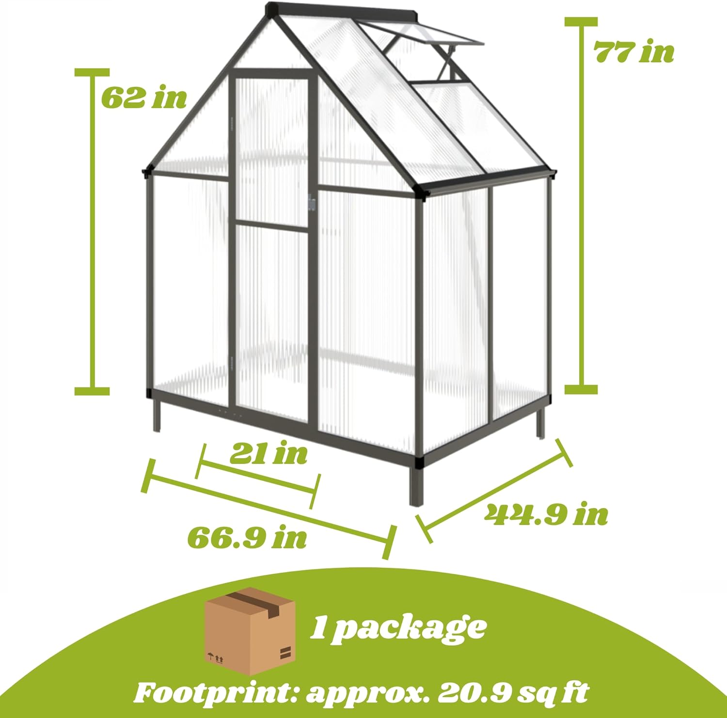 6 x 4 FT Greenhouse for Outdoors, Polycarbonate Greenhouse with Quick Setup Structure and Roof Vent, Aluminum Large Walk-in Green House for Outside Garden Backyard, Dark Gray