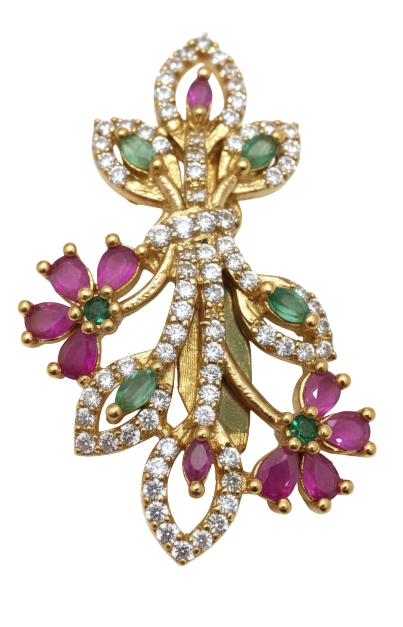 Elegant Floral Bouquet Gold-Plated Saree Pin/Brooch for Women with Ruby Pink & Emerald Green Stones-image-6