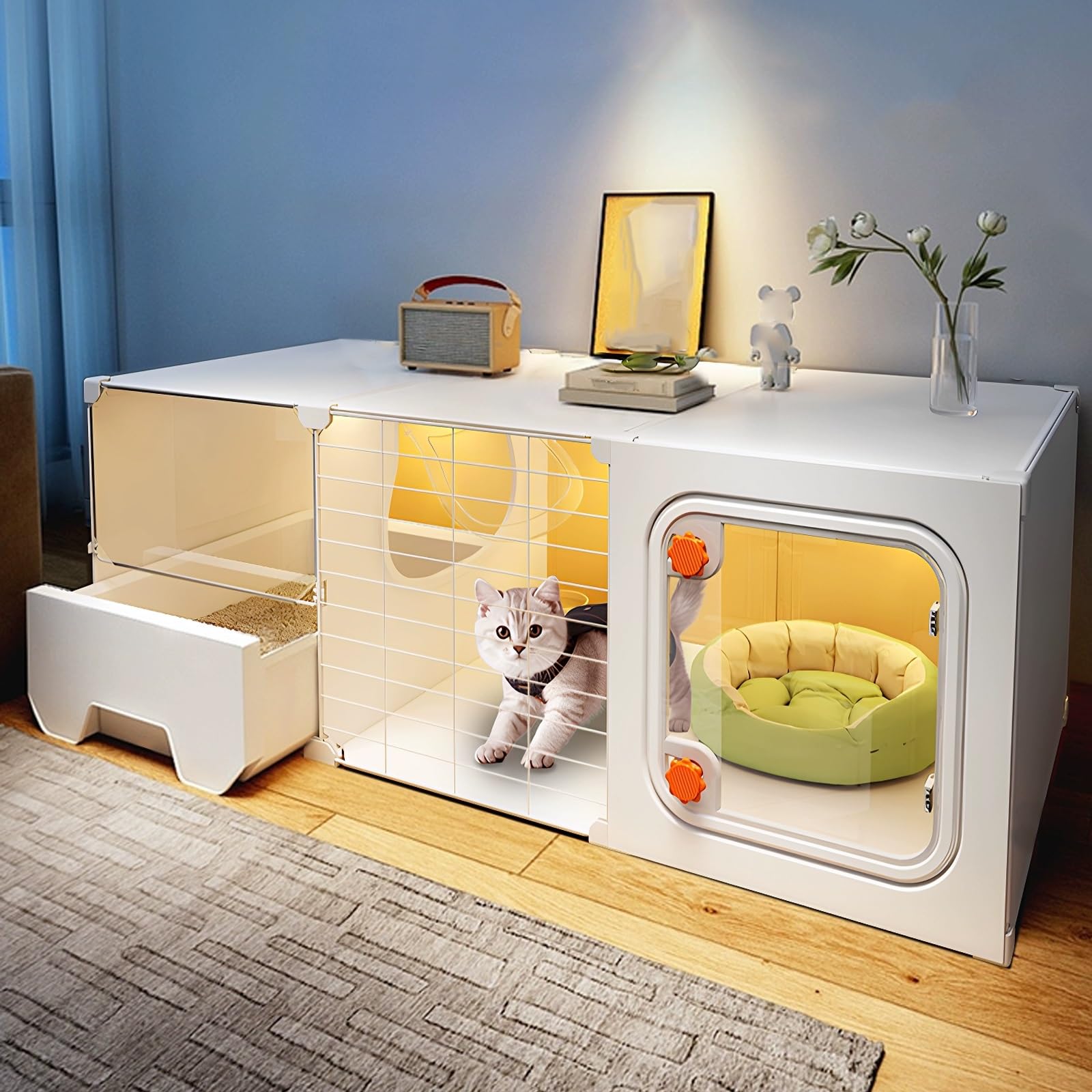 Gabbietta per Gatto da Interno 1-Tier Recinto per Gatti da Interno Semplice Gabbia Cane Spessa Plastica per Gatti Gabbie per Interni con Lettiera per Furetti Ricci Pollo(White,105*45*35cm/41*1