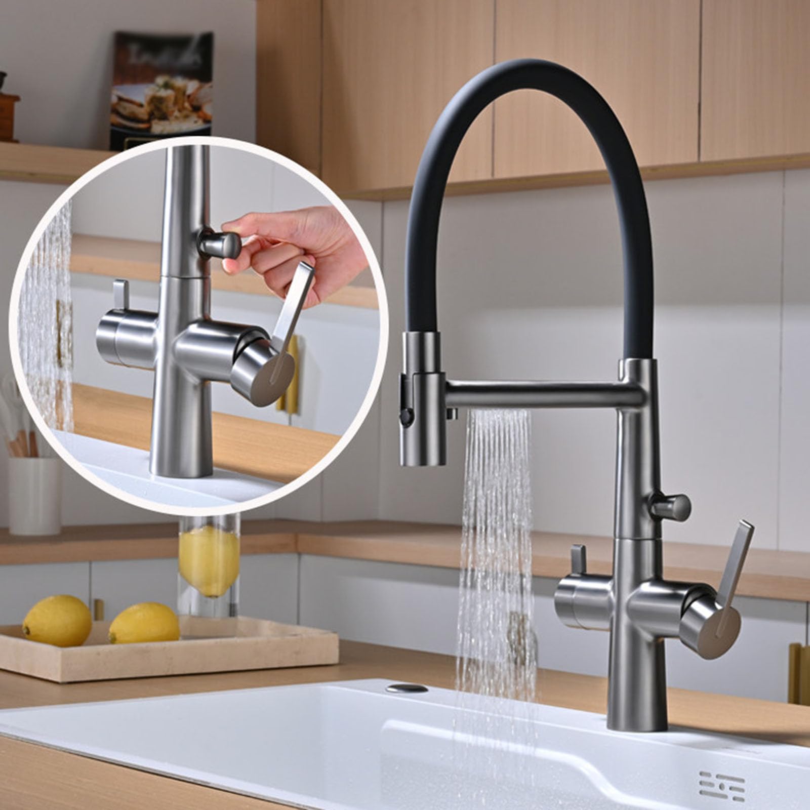 Grifo Cocina Flexible con Osmosis 4 Modos Rotación 360° Grifo Fregadero Extensible Cobre,gris Pistola