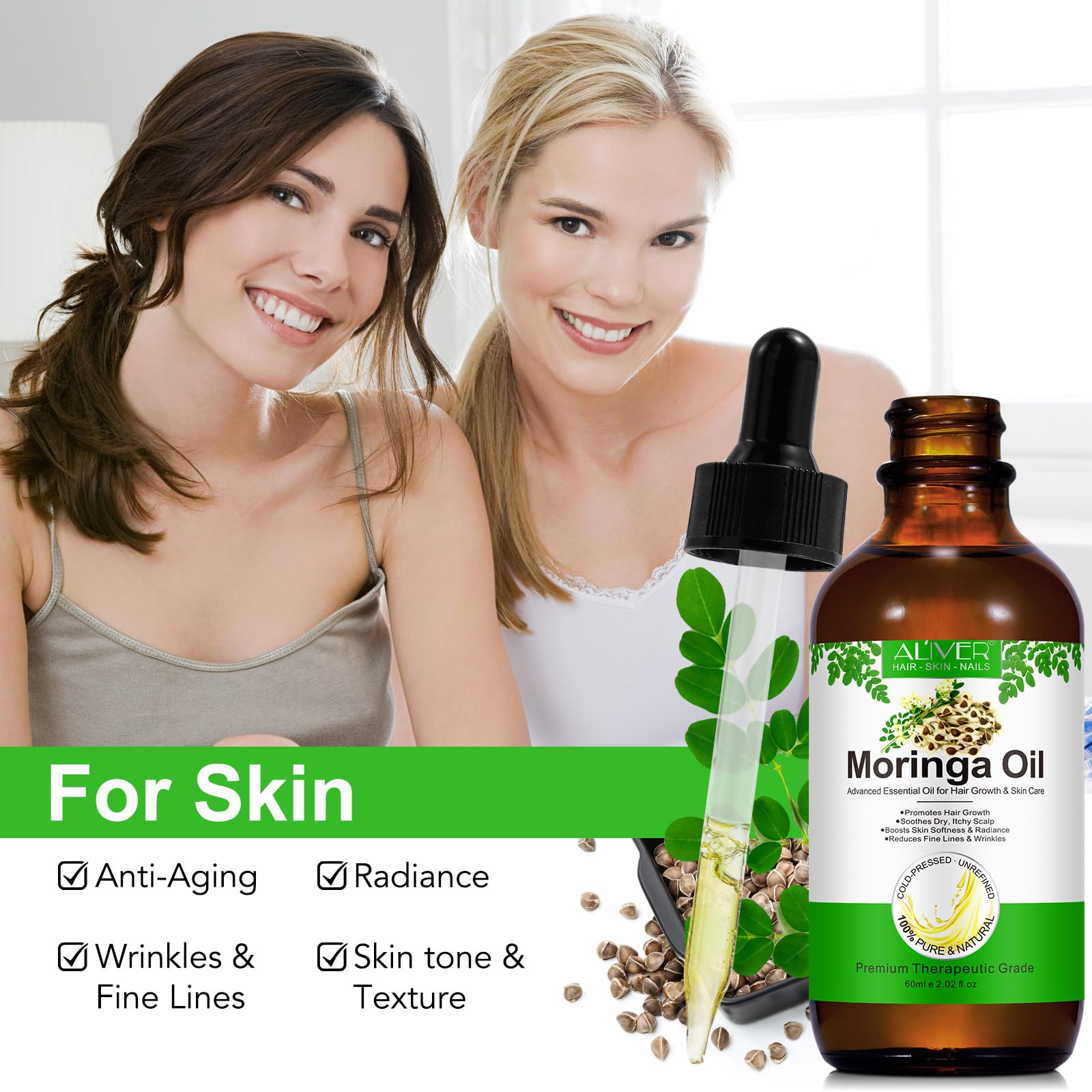 Olejek Moringa 60ml, olejek z Moringa tłoczony na zimno dla twarzy, włosów, nawilżający, do masażu, naturalny, redukuje drobne linie i przeciwstarzeniowy