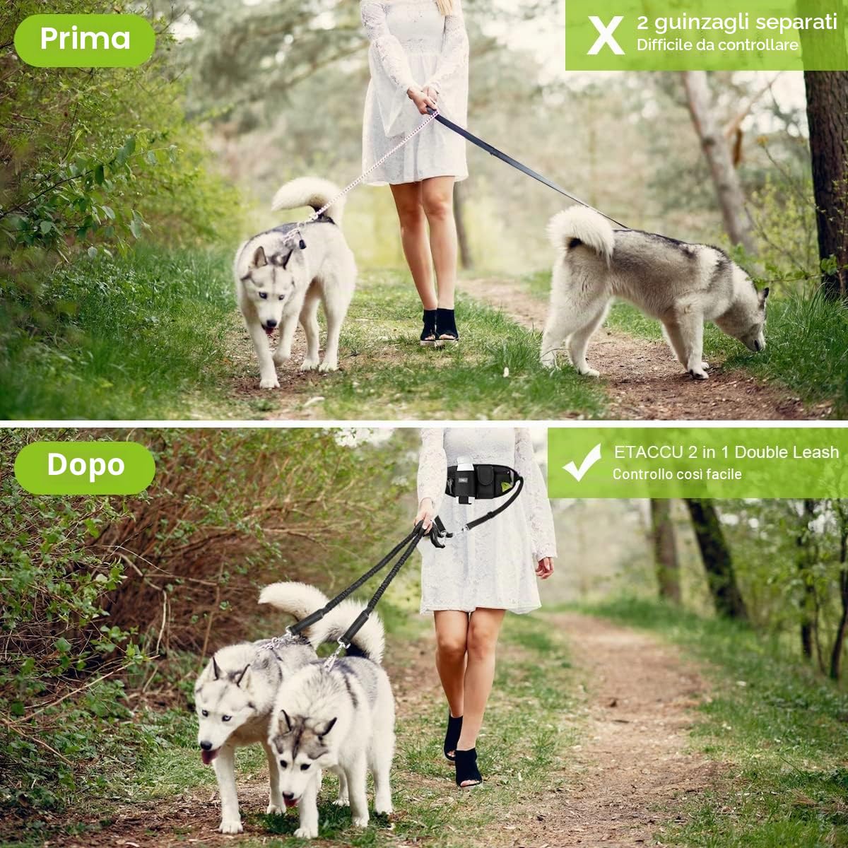 ETACCU Guinzaglio per cani a mani libere per 2 cani con manico resistente al traffico, doppio guinzaglio retrattile, cintura regolabile con custodia, punti riflettenti per corsa, camminata e jogging