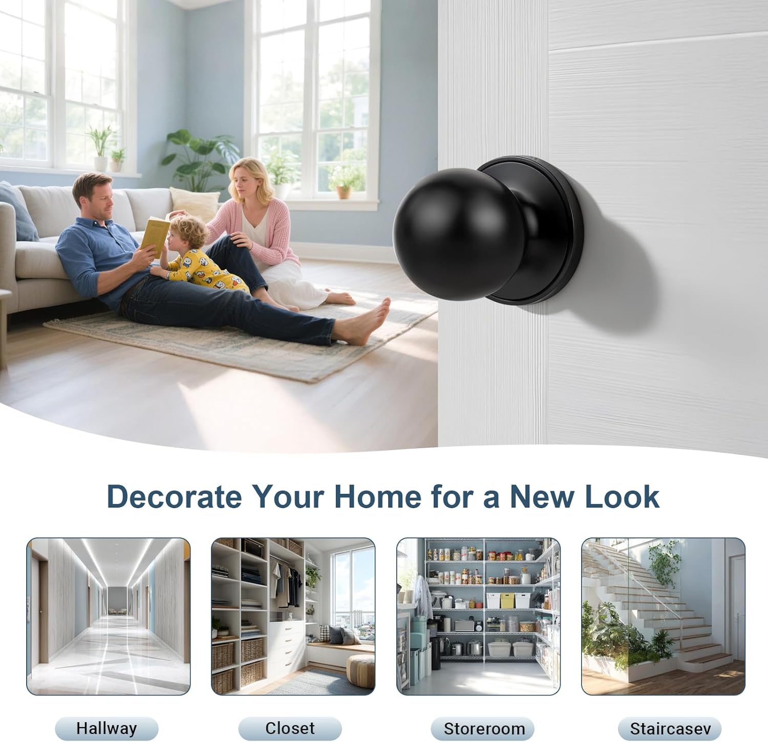 KNOBWELL Black Interior Closet Door Knob, Passage Door Knobs for Hallway, Keyless Stainless Steel Indoor Door Knobset, Round Ball Shape, 6 Pack