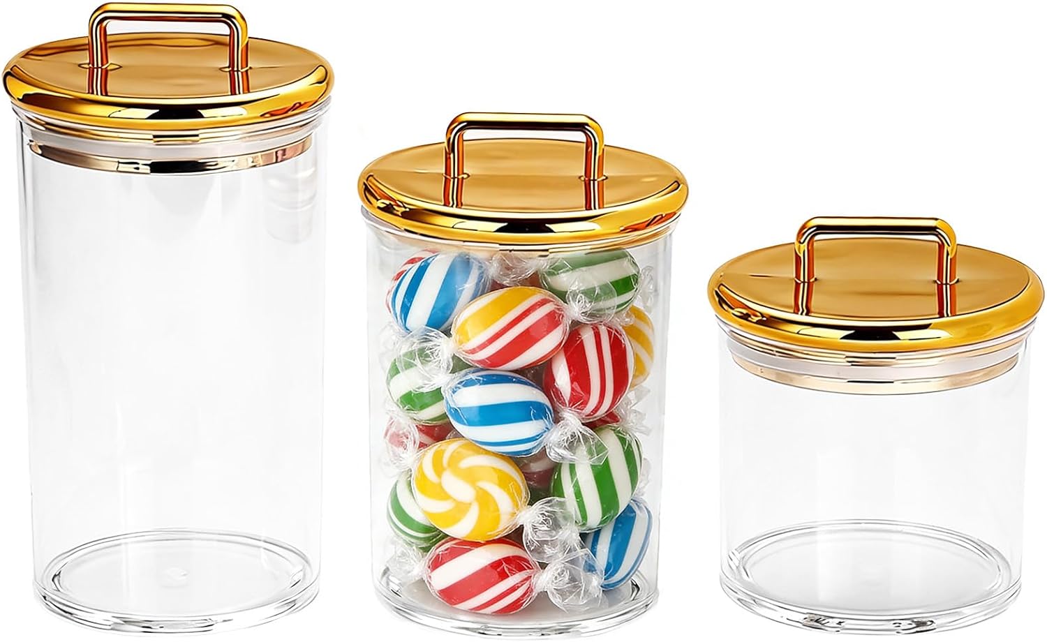 3 Pcs Acrylic Canisters with Gold Lids, Clear Jars Set for Bathroom, 4.3 in Sizes, Airtight