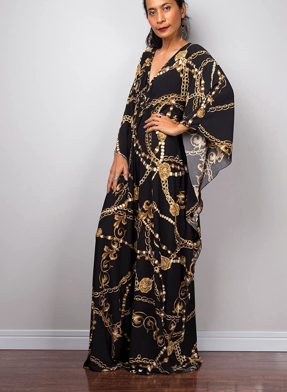 Venasha Damska sukienka kaftan z krótkim rękawem, kostium kąpielowy na lato, C-31, czarny łańcuszek, XL, C-31 czarny łańcuszek, XL