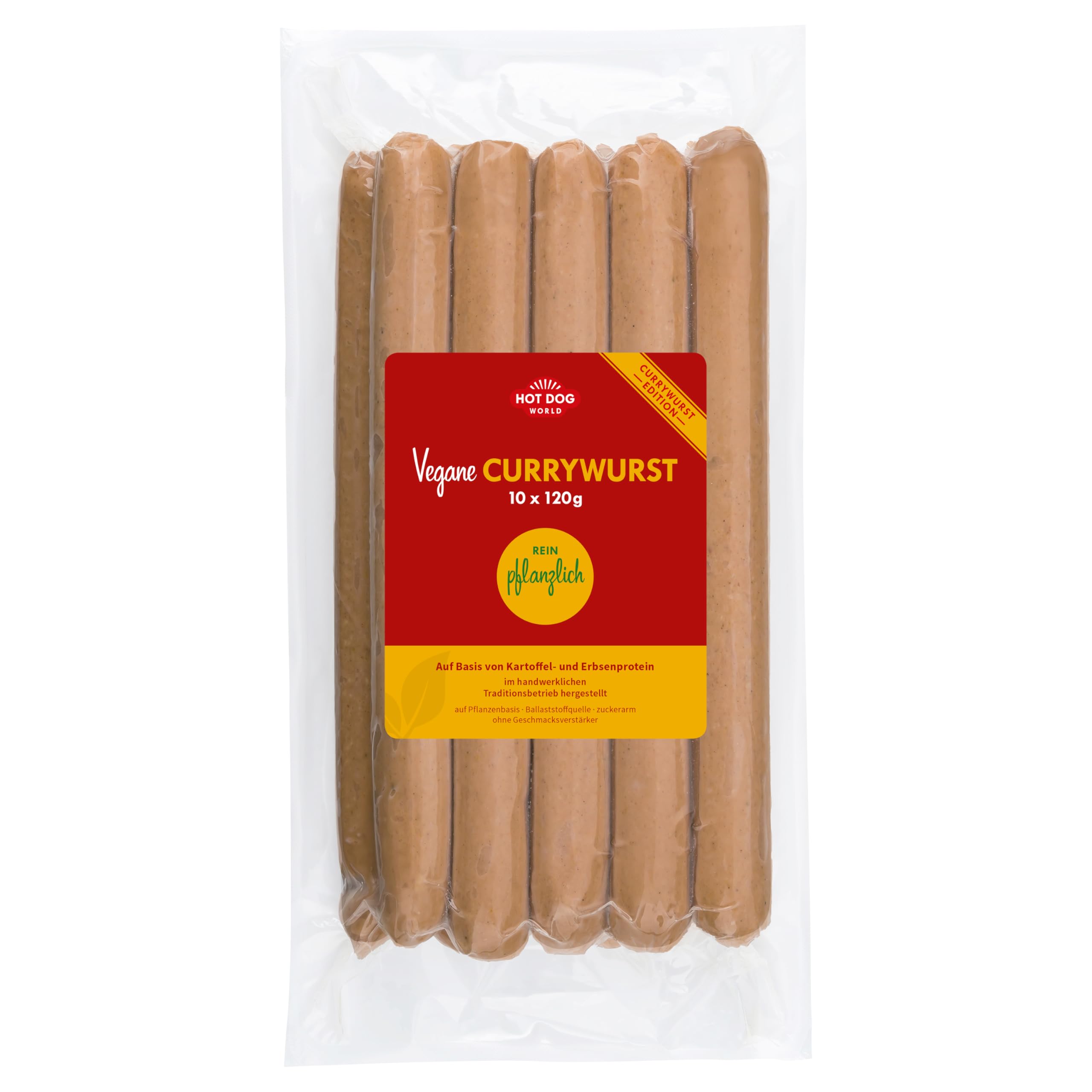 HOT DOG WORLD - Vegane Currywurst aus Kartoffel- und Erbseneiweiß 120 g, 10er Pack, Vegan, Premium Qualität, Handwerksproduktion