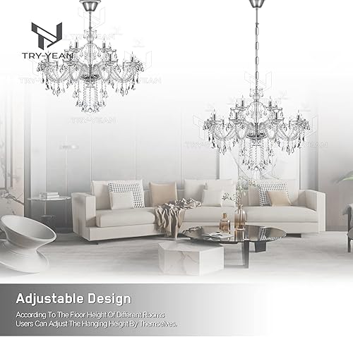 Miniatura 5 de Lujosa lámpara colgante de techo de 15 luces K9 de cristal transparente de montaje empotrado, altura ajustable, base de bombilla E12, lámpara de