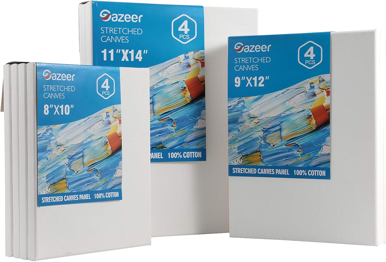 Gazeer Super Value 12Pcs Pre Stretched Canvas Artist Painting Pre Stretched Canvas - 8x10Inch,9x12Inch,11x14Inch - 5/8 Inch Profile. Pre Stretched Canvas for Oil & Acrylic Painting