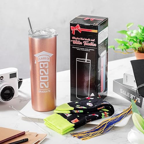 Miniatura 5 de Vaso de acero inoxidable de graduación Class of 2023 y divertidos calcetines de graduación de acero inoxidable de 20 onzas, vasos de agua con tapa