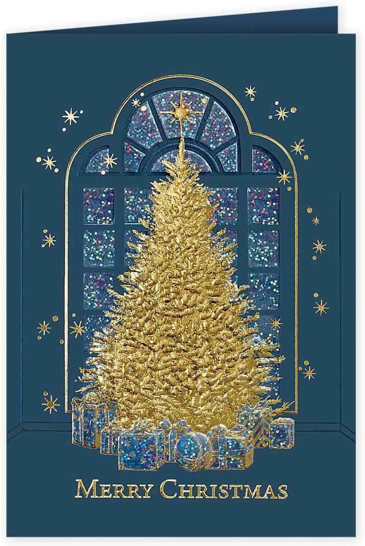 The Gallery Collection, 25 Personalized Christmas Cards with Foil-Lined Envelopes (Golden Tree Silhouette), For Business or Consumer