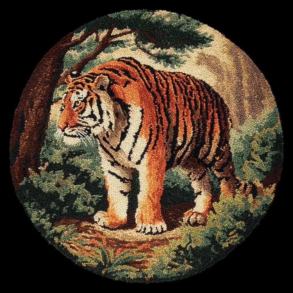 Round Latch Hook Rug Kits Tiger For Adults And Starter 50*50Cm