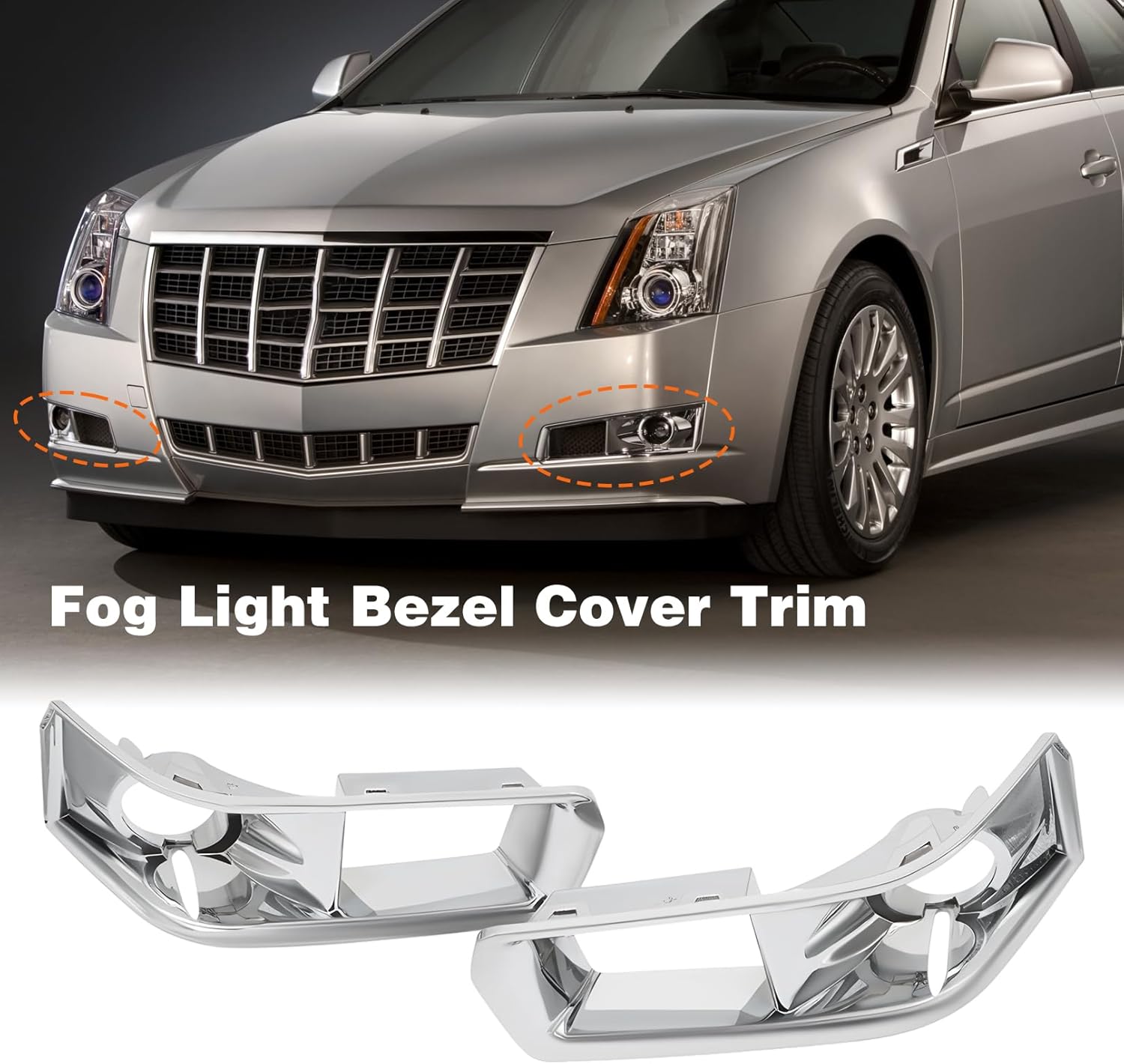 Set of 2 Fog Light Bezel Cover Trim Bumper Insert Compatible with CTS 2008-2013 Front Left Driver & Right Passenger Silver Chrome Smooth Plastic GM1039112 GM1038112
