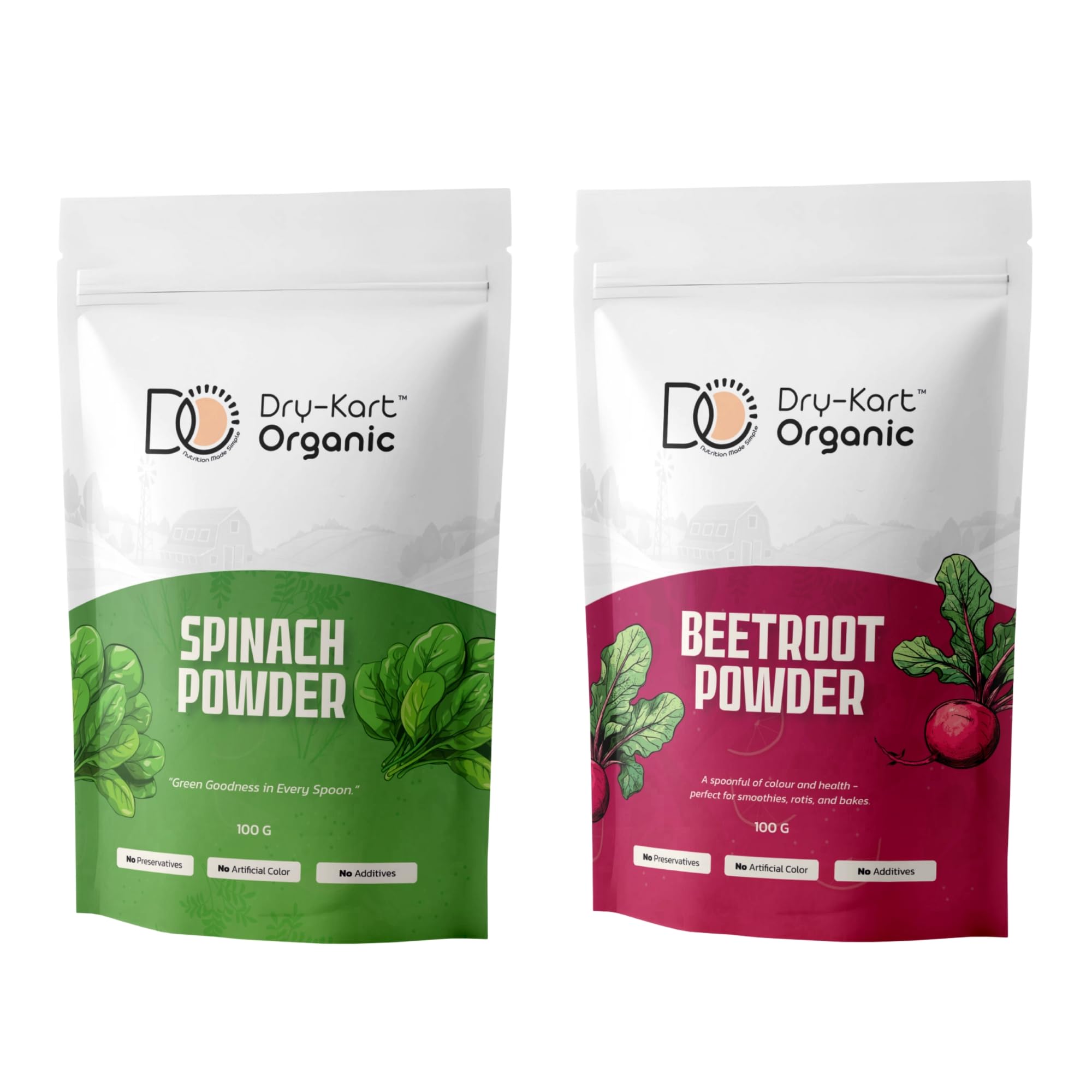 Dry-Kart Organic Beetroot Powder and Spinach Powder |Duo Pack - 100 g X 2 | For Kids & Family Nutrition | 100% Pure & Natural