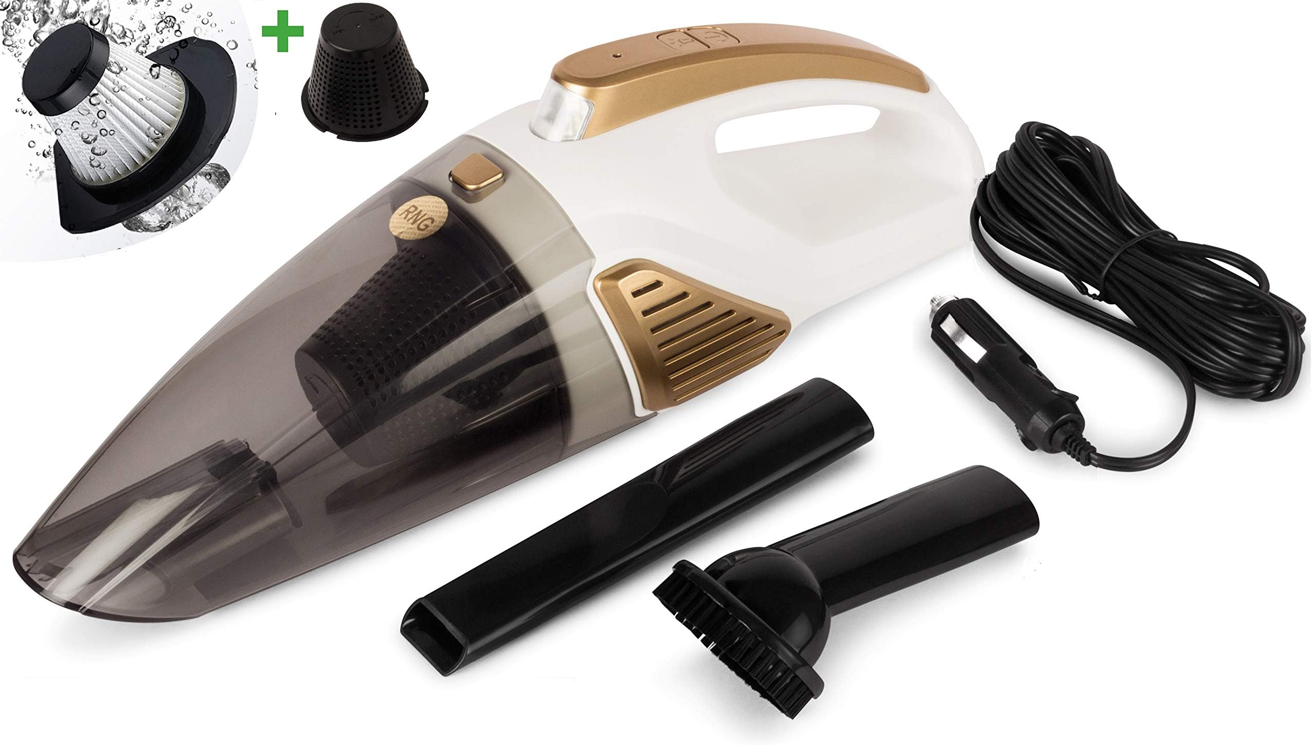 RNG EKO Green 8.9KPA/200 Watt Dynamic Power Wet/Dry Car Vacuum Cleaner with Stainless Steel HEPA Filter- 12V (White+Golden)