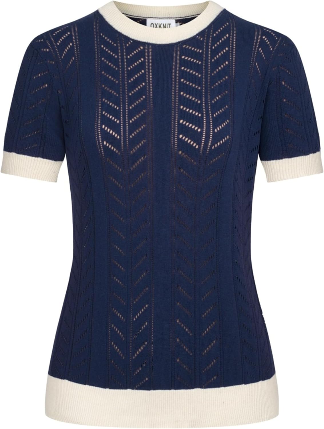 OXKNIT Women's Knit Short Sleeve T-Shirt 1960s Vintage Texture Crewneck Cotton Dark Blue Tops Summer Knitwear
