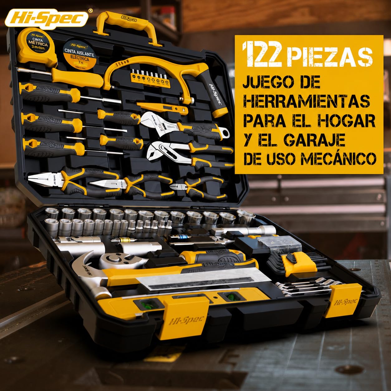 Hi-Spec Caja de Herramientas Mecánicas para Hogar y Coche para Bricolaje | 122 piezas, accesorios y maletín, para mantenimiento, bricolaje, cochera y reparaciones automotrices, uso diario