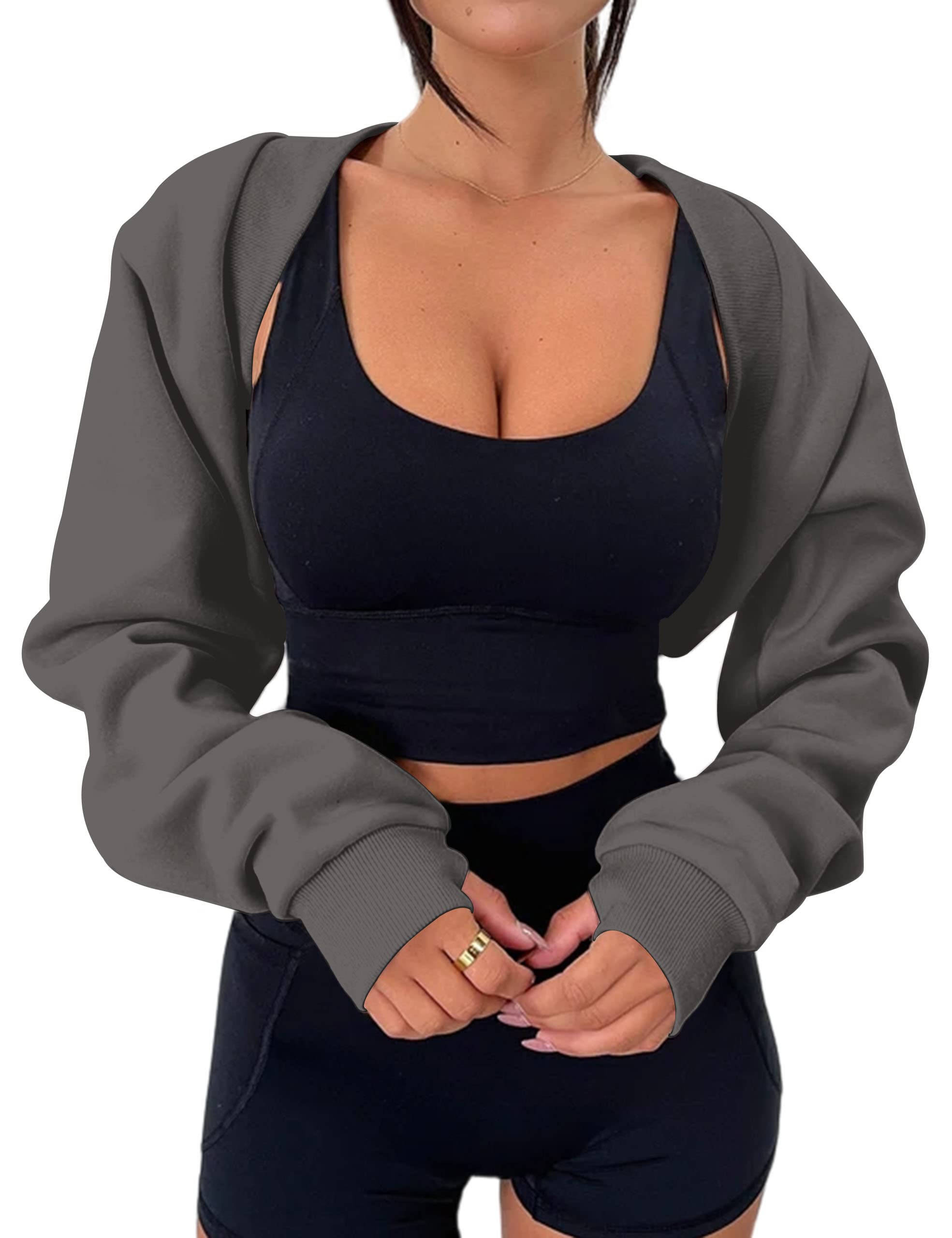 MISSACTIVER Women's Long Sleeve With Thumb Hole Bolero Shrug Top Open Front Fleece Loose Fit Cropped Shawl Sweatshirt Workout