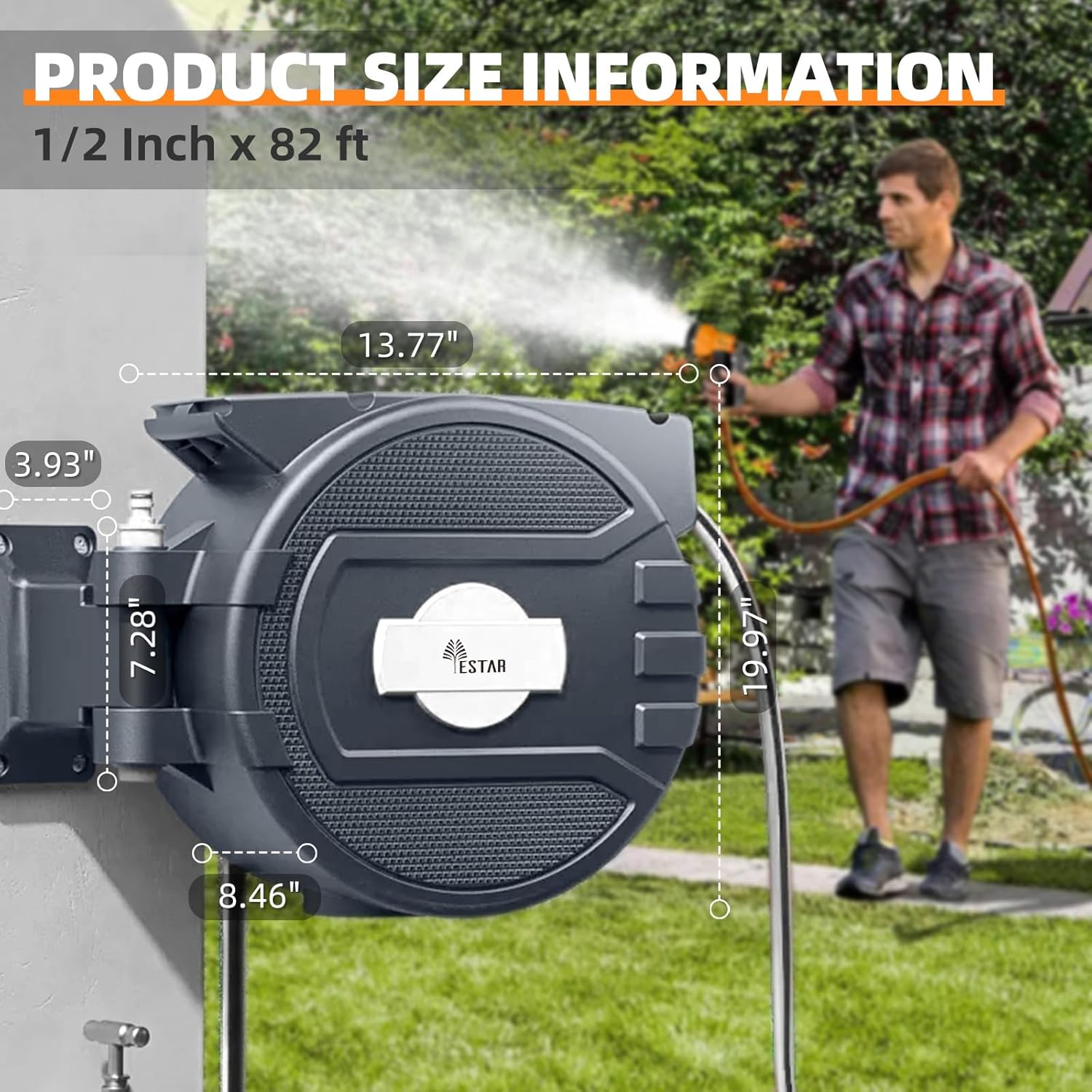 Retractable Garden Hose Reel 1/2 in x82 ft, Garden Water Hose Reel with 7- Function Sprayer Nozzle, Any Length Lock/Automatic Slow Return System,180° Swivel Bracket