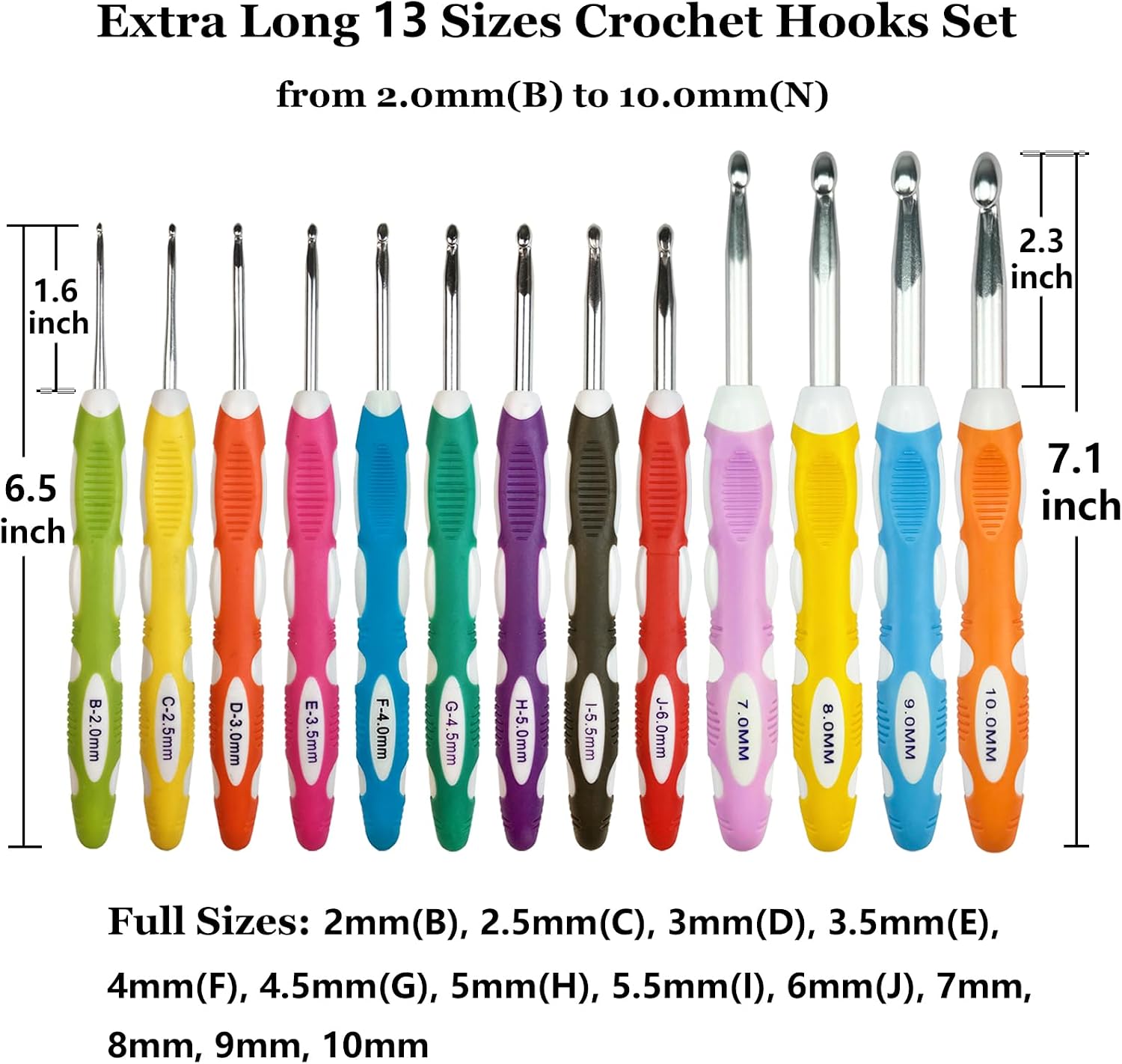 13 Sizes Crochet Hooks Set,Ergonomic Non-Slip Handle Crochet Hooks for Arthritic Hands,Extra Long Crochet Hook Needles 2mm(B)-10mm(N)