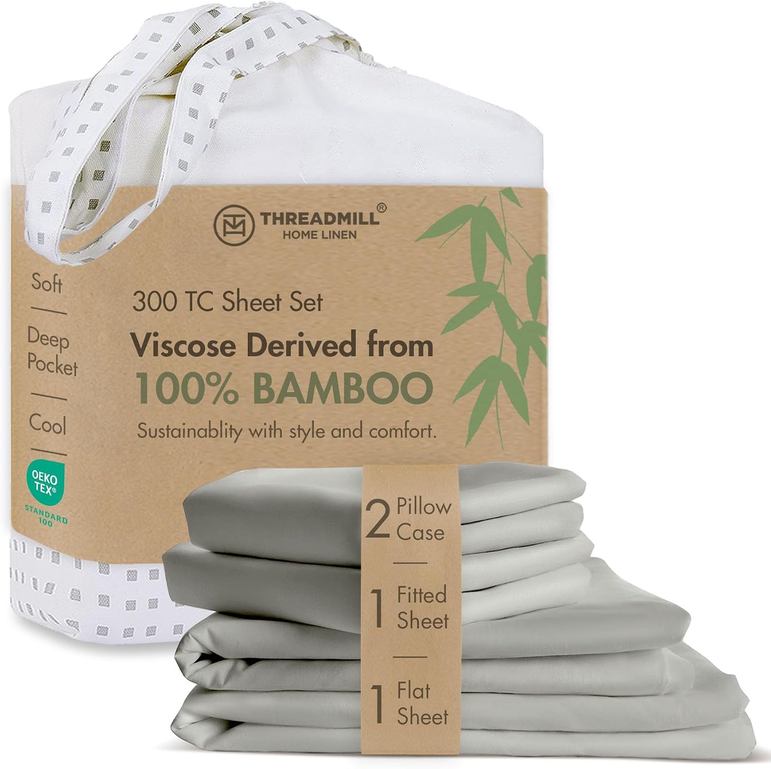 Threadmill 300 TC Viscose Made from Bamboo Queen Sheet Set, Light Grey